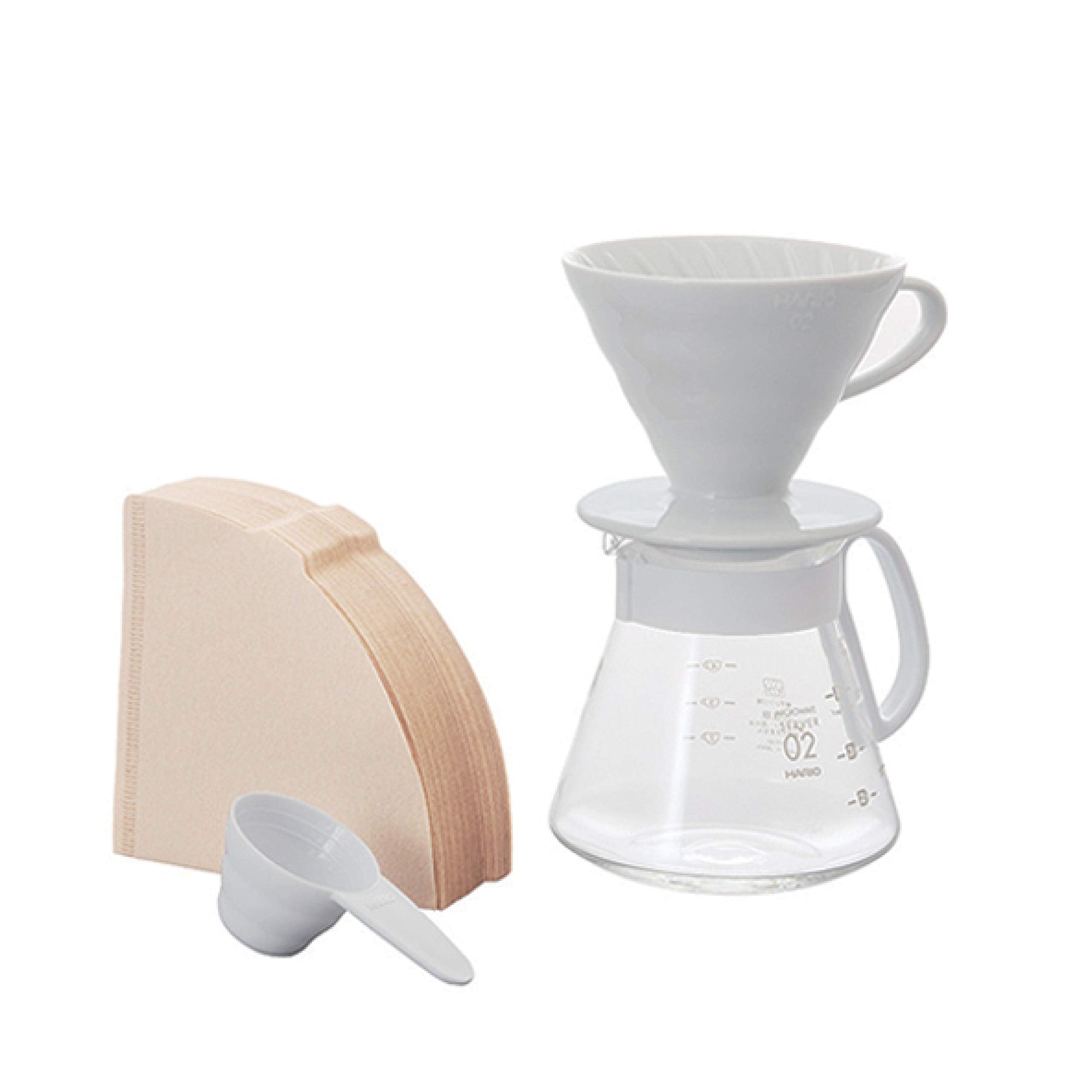 Hario V60 Pour Over Set With Ceramic Dripper, Glass Server, Scoop And Filters, Size 02, White