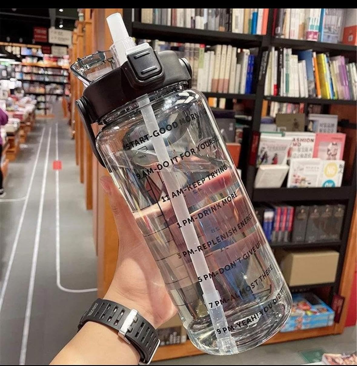 Dfit 2L Transparent Motivational Water Bottle With Motivational Quotes, Time Marker, Cute Stickers, Sippers, Leakproof Durable B