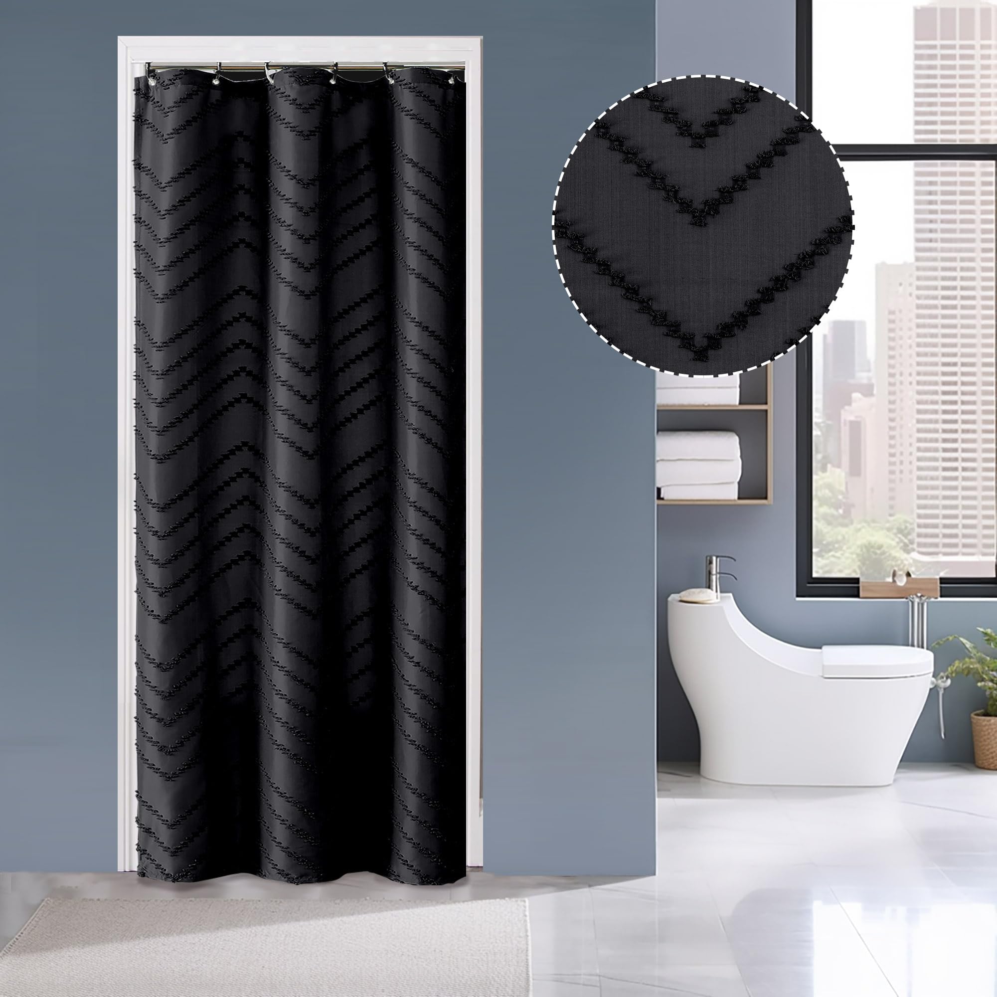 Chyhomenyc Chevron Small Stall Black Boho Shower Curtain Set 36X72 Inches Half Size, Fabric Shower Curtain Modern Chic Textured