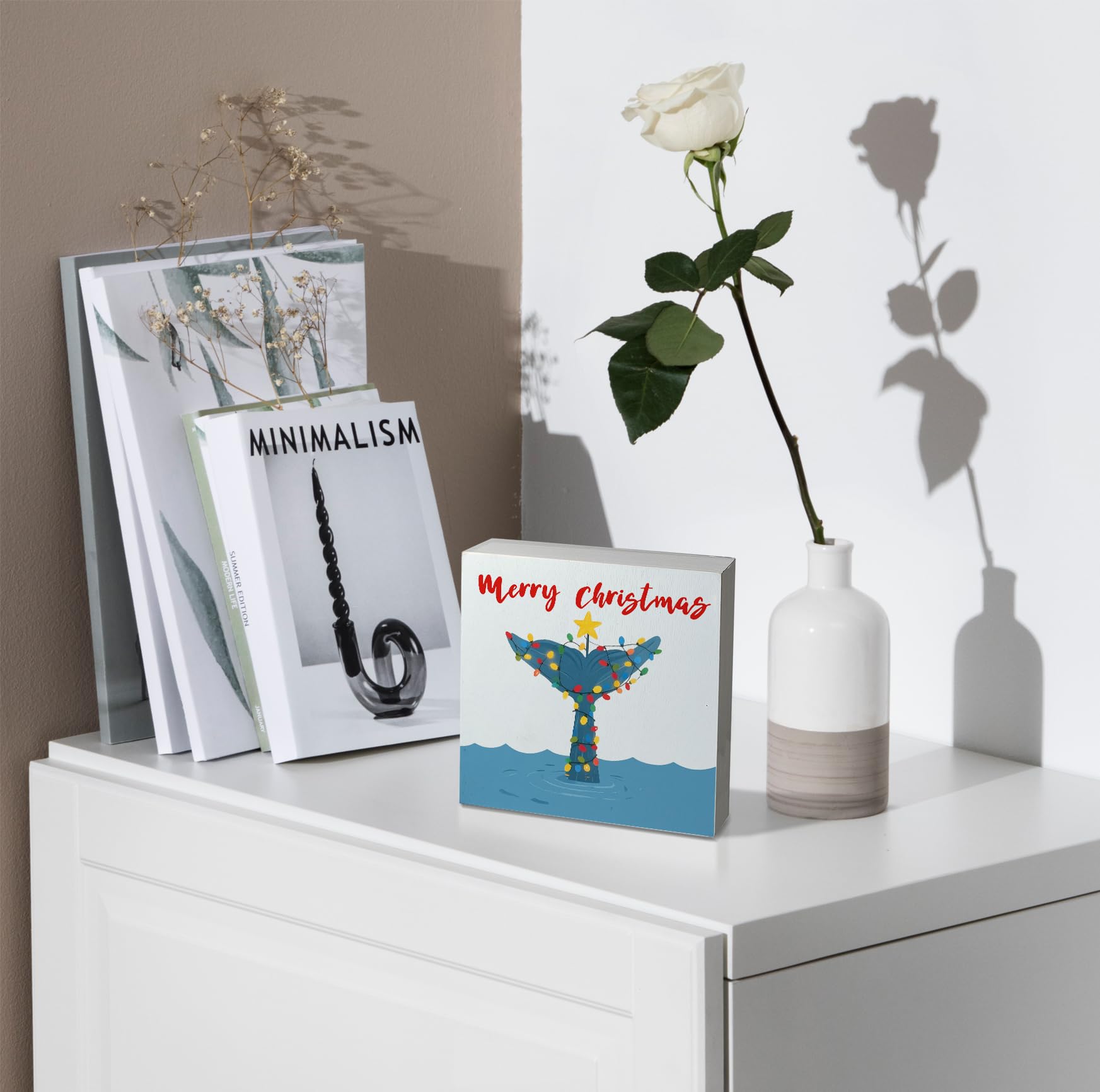 kunlisa Coastal Christmas Whale Tail Wooden Sign, Christmas Beach Decor, Nautical Xmas Ocean Whale Holiday Wood Box Sign for Hom