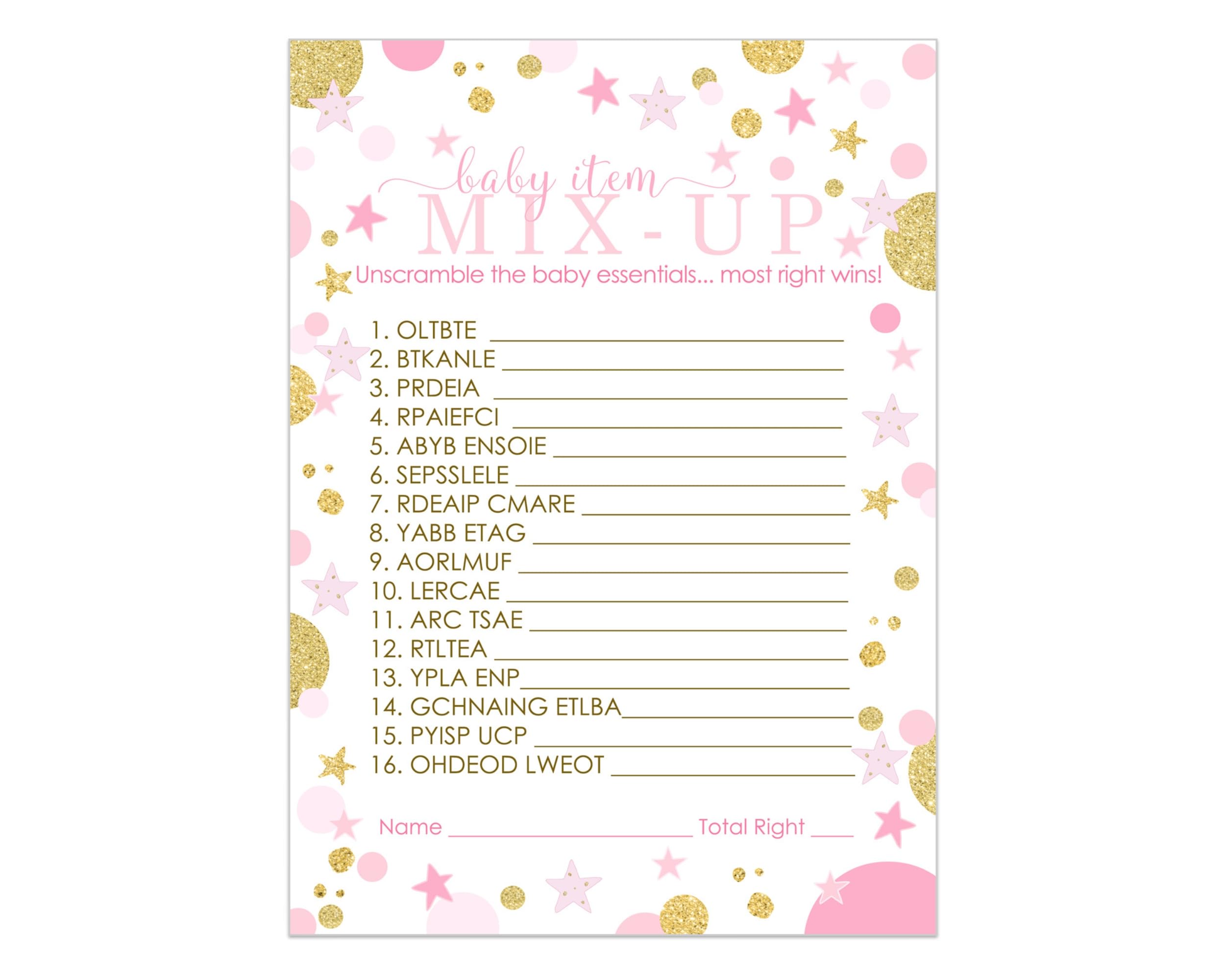 Twinkling Star Baby Shower Word Scramble Game Cards (25 Pack) Baby Shower Games For Girls, Cute Guest Party Game Ideas, Unique F