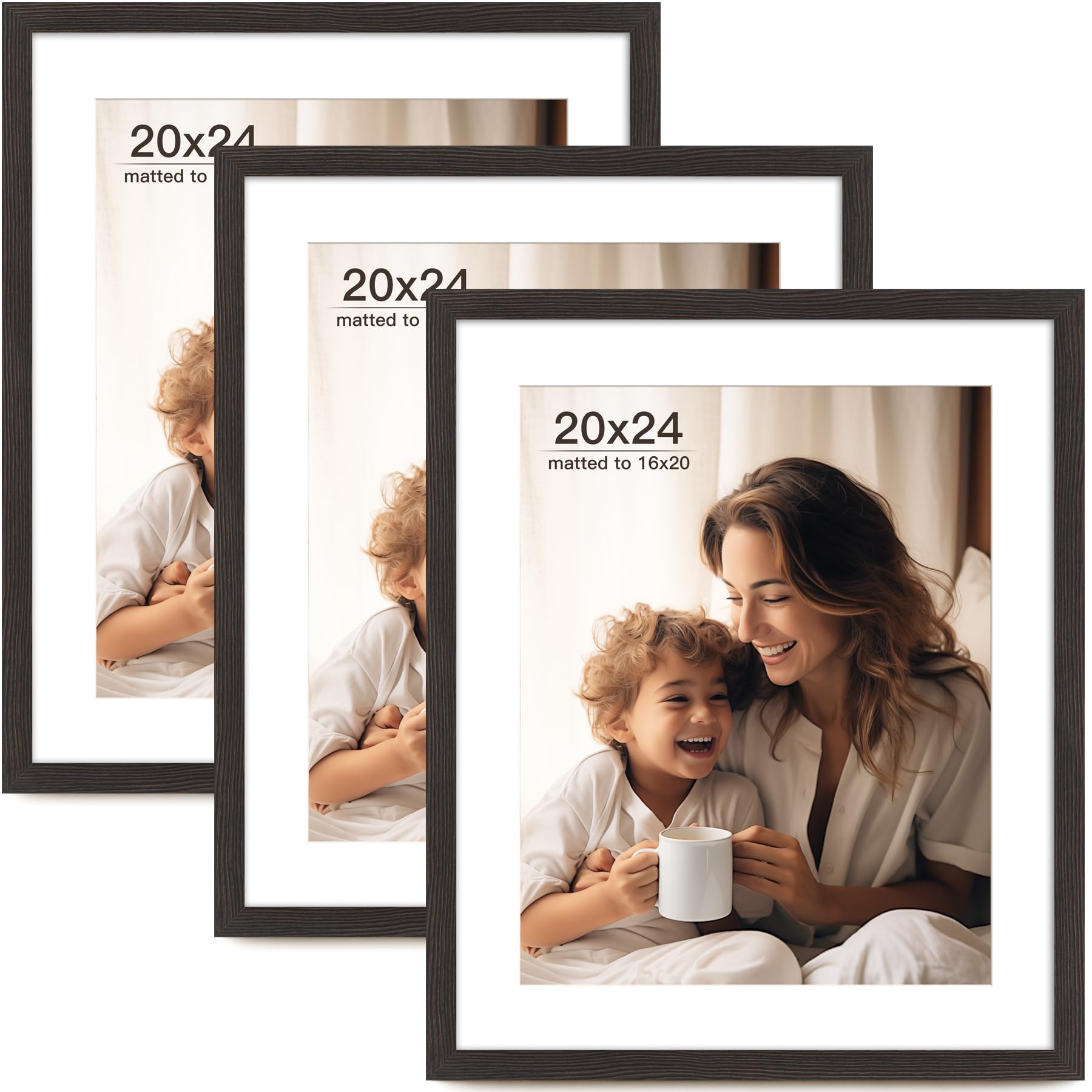 FinalFind 20x24 Picture Frame with Mat for 16x20 Set of 3, Black Wood Grain 20x24 Frame for Horizontal & Vertical Wall Mounting 