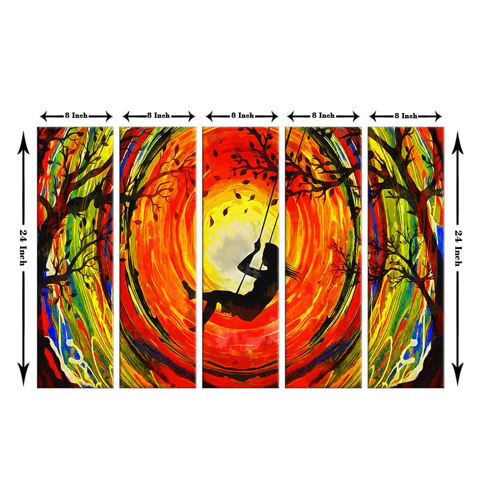 999Store 5 Panel Wall Painting Wall Frames Wall Hanging Girls Swinging On The Swing Art Panels Modern Art (Mdf_Size_76X130 Cms_C
