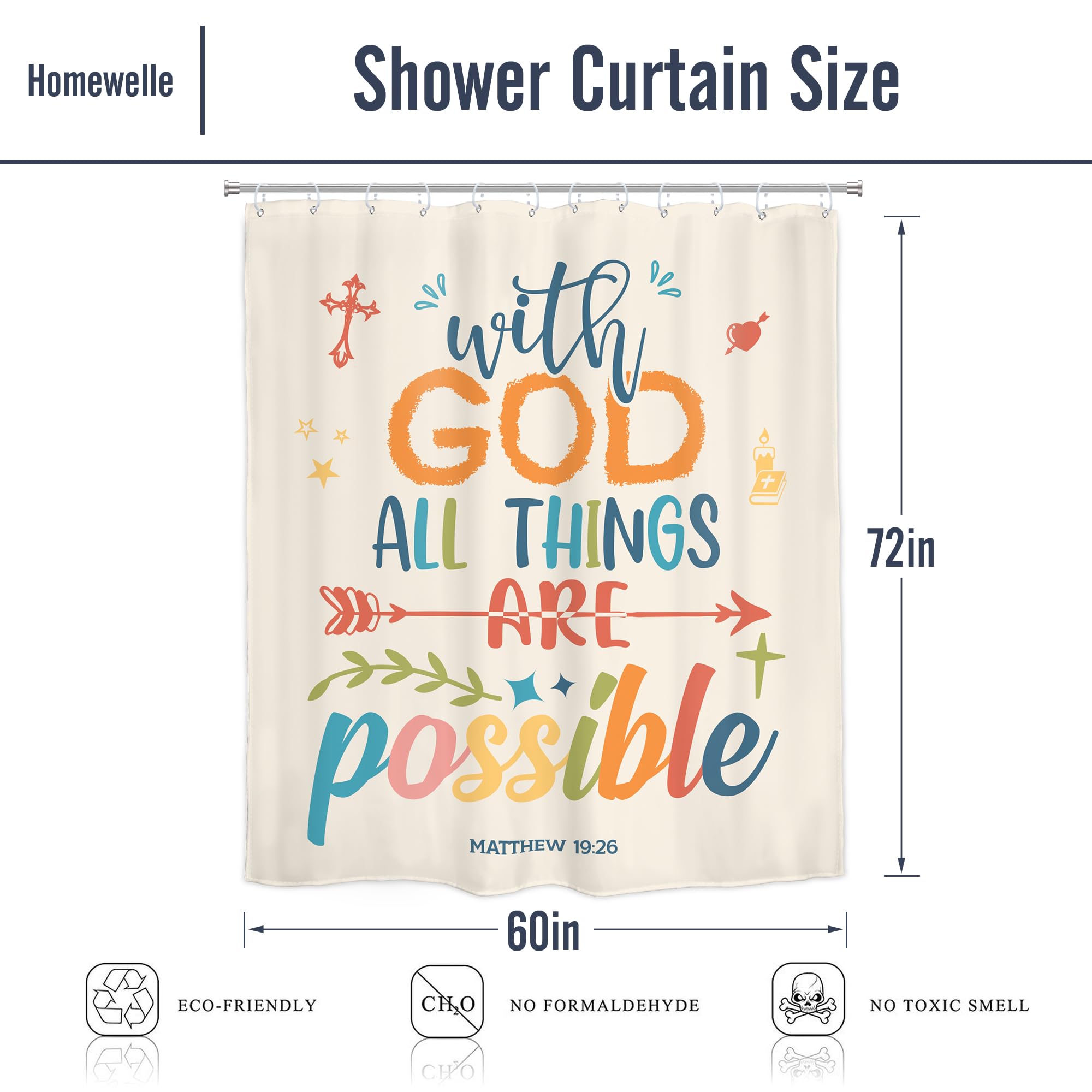 Homewelle Colorful Bible Verse Shower Curtain Inspirational Motivational Positive Quote Encouragement Scripture 60Wx72H Inch Mul