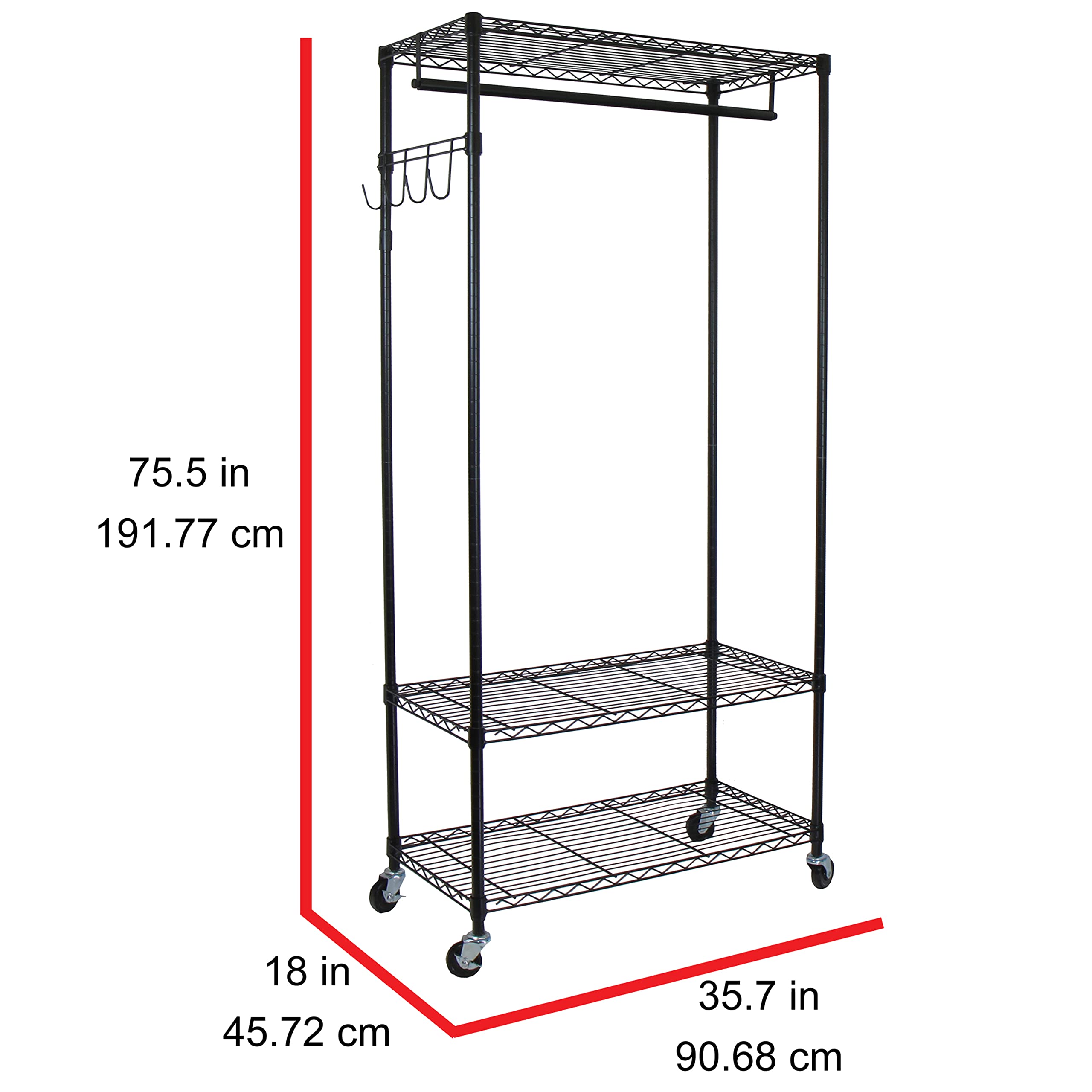 Oceanstar Heavy Duty Rolling Storage Garment Rack With Adjustable Shelves And Hook,Black