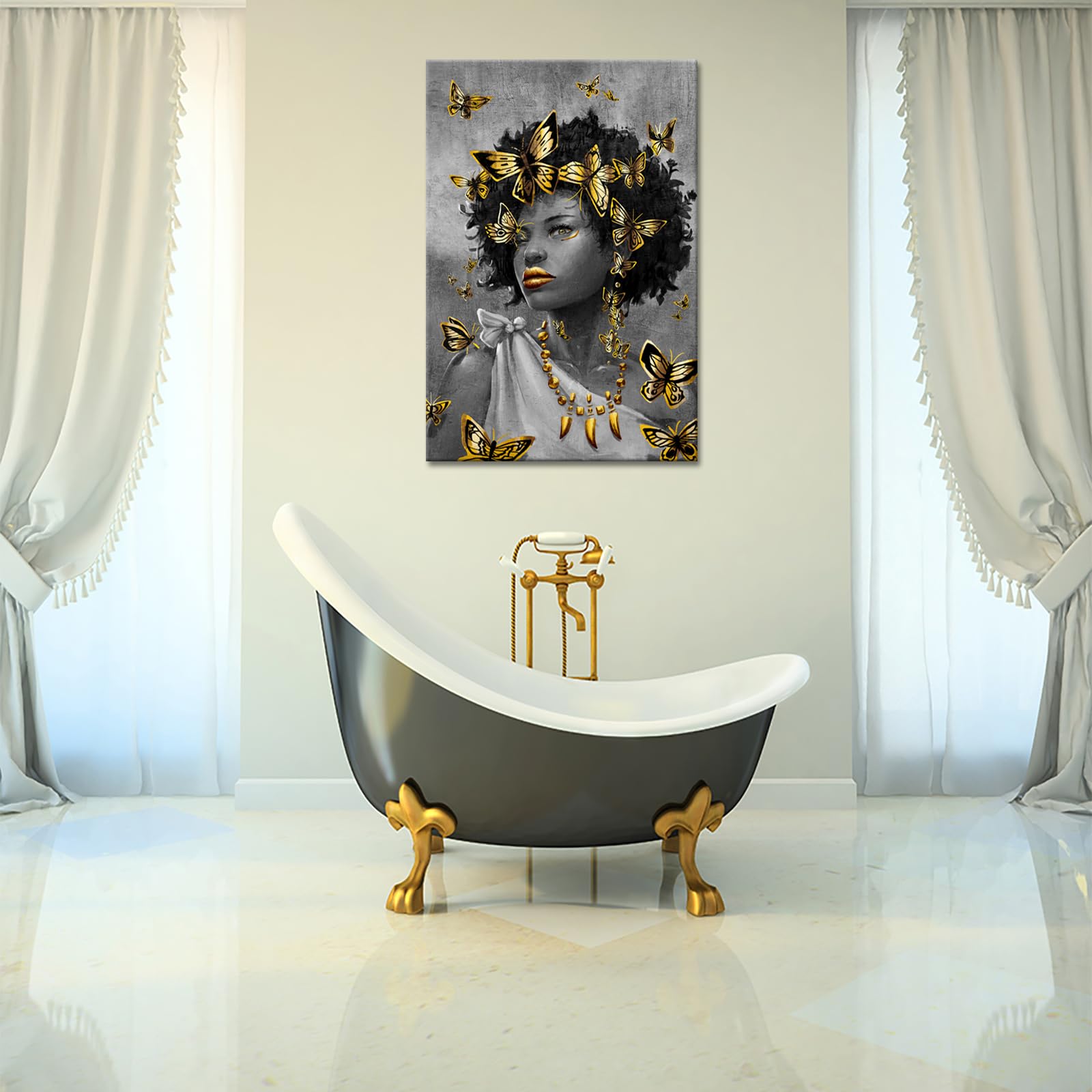 Ihappywall Large African American Woman Wall Art Black And Gold Pretty Lady Butterfly Abstract Artwork For Girl Room Bedroom Liv
