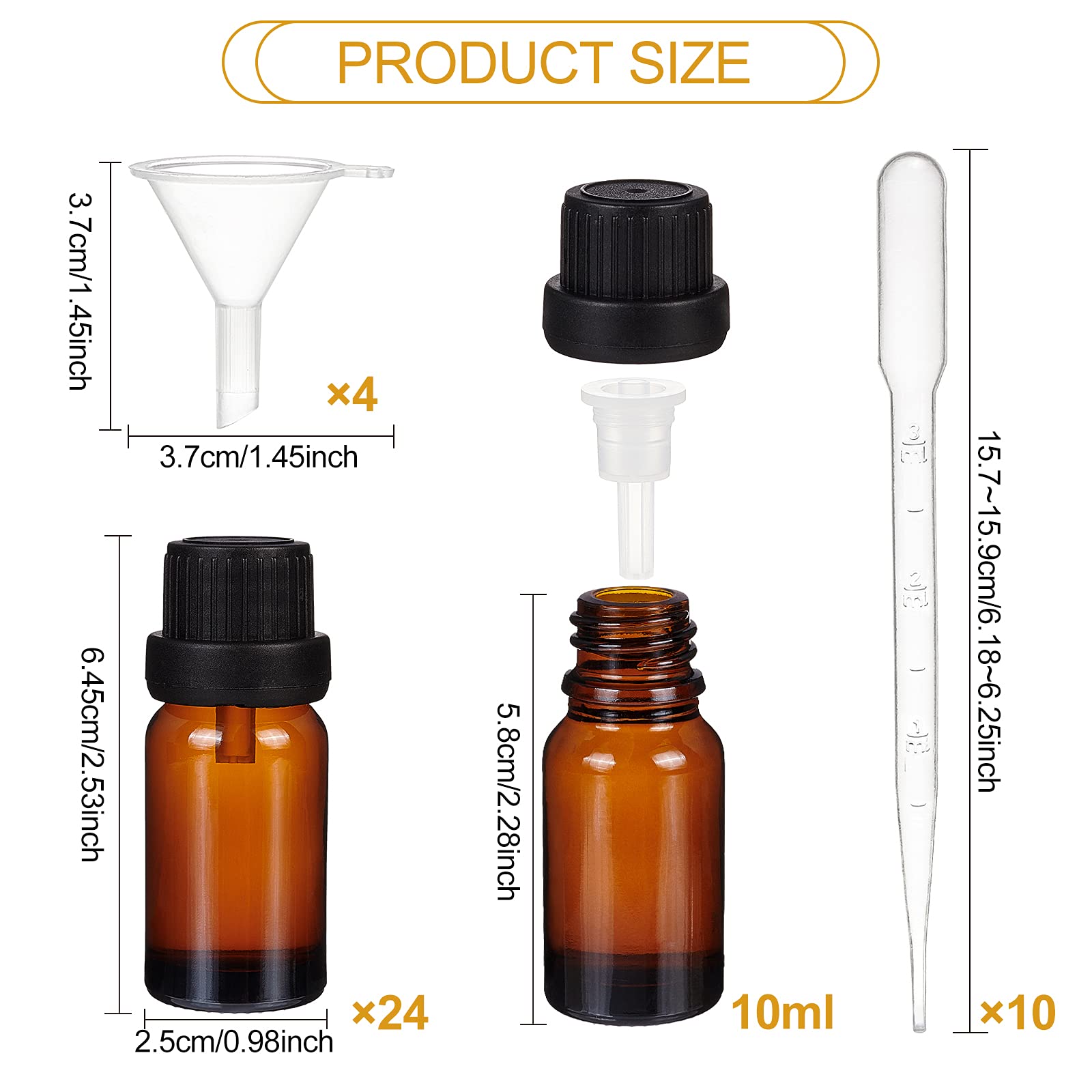Benecreat 24 Pack 10Ml Brown Glass Essential Oil Bottles Refillable Container Kits With Plastic Droppers, Funnel Hoppers And Sti