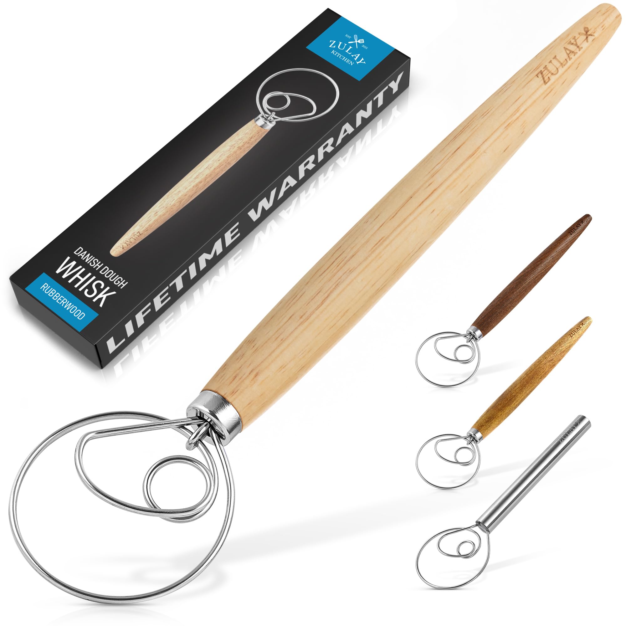 Zulay Kitchen 13-Inch Danish Dough Whisk - Wooden Danish Whisk For Dough With Stainless Steel Dough Hook - Traditional Dutch Whi