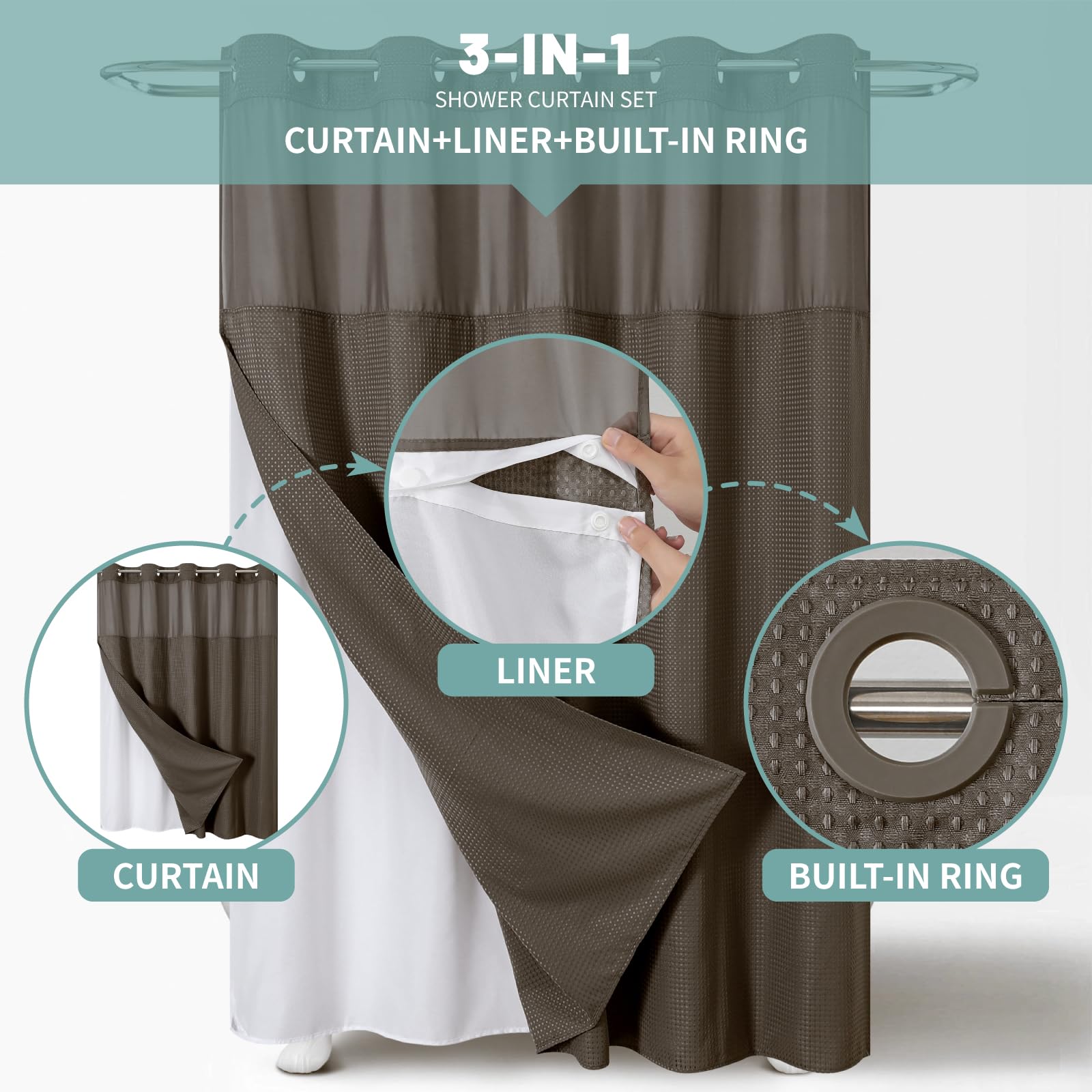 Eachope Brown No Hook Waffle Weave Shower Curtain With Snap-In Liner Replacement, 230Gsm Waterproof Fabric Hotel Shower Curtain