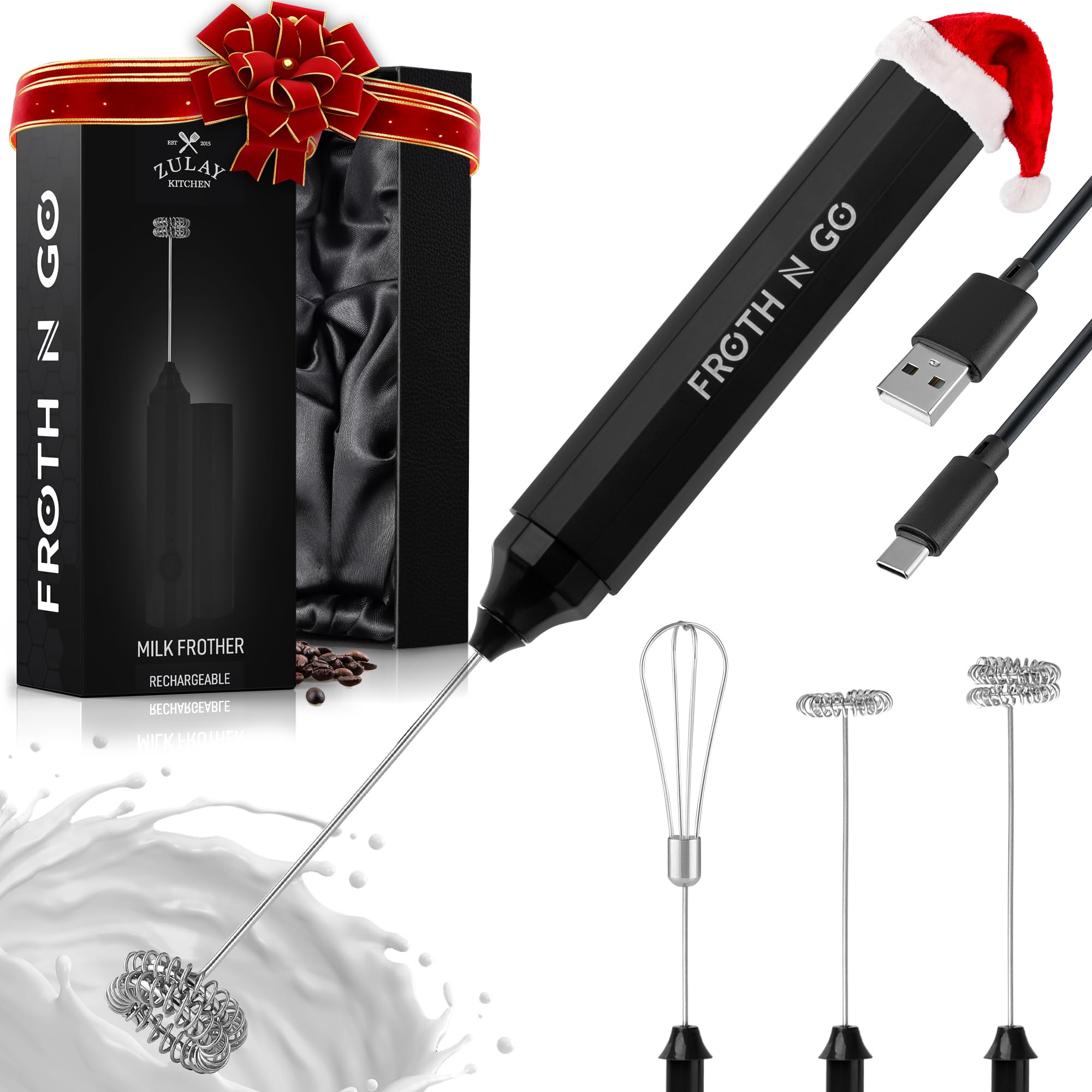 Zulay Froth N Go Milk Frother - Rechargeable 3-in-1 Handheld Frother Wand with Travel Case & USB-C Charger - Single, Double & Eg