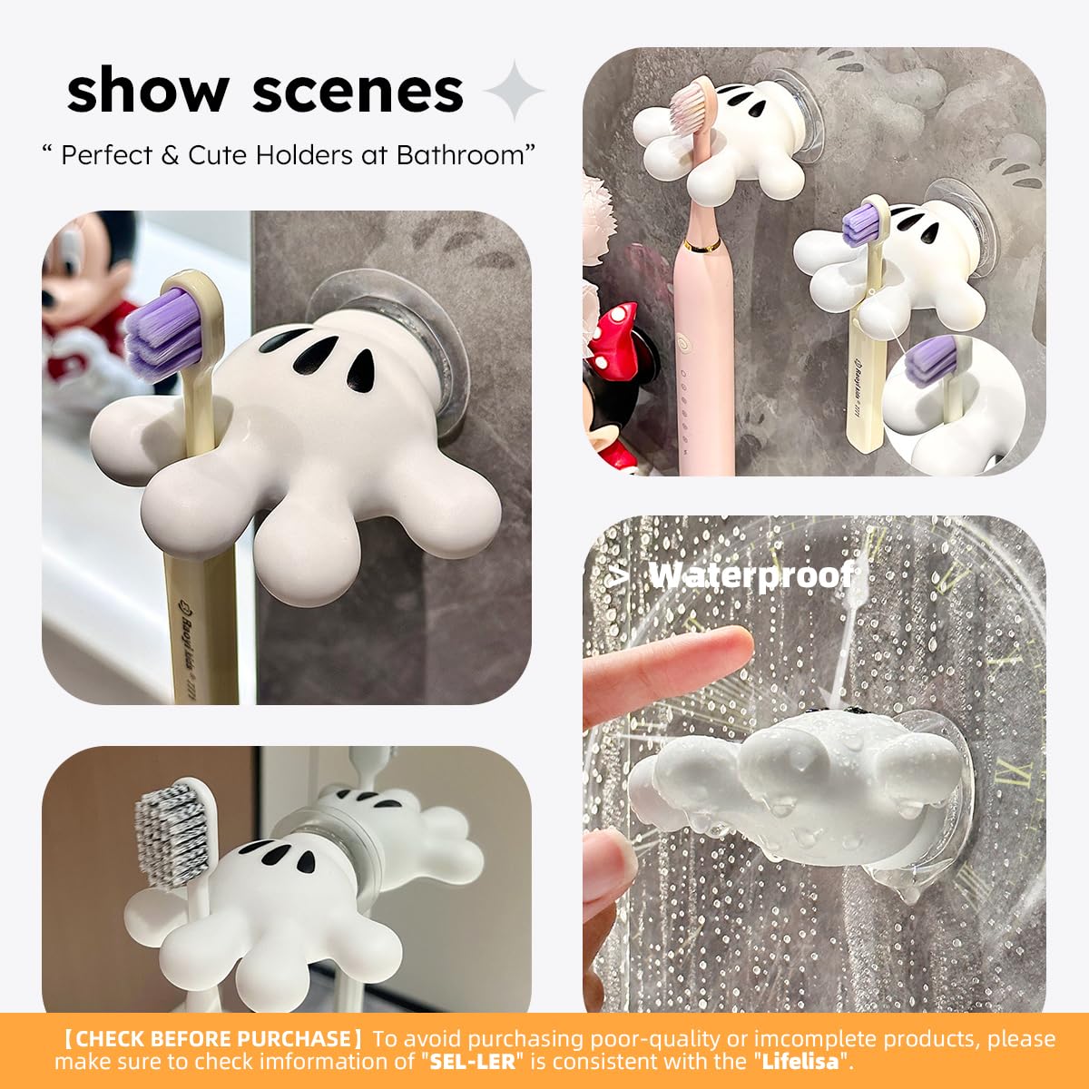 Lifelisa Cute Hanging Toothbrush Holder, Hand Wall Hanging Utility Suction Hooks With Stickypads, Multi-Function Mouse Bathroom