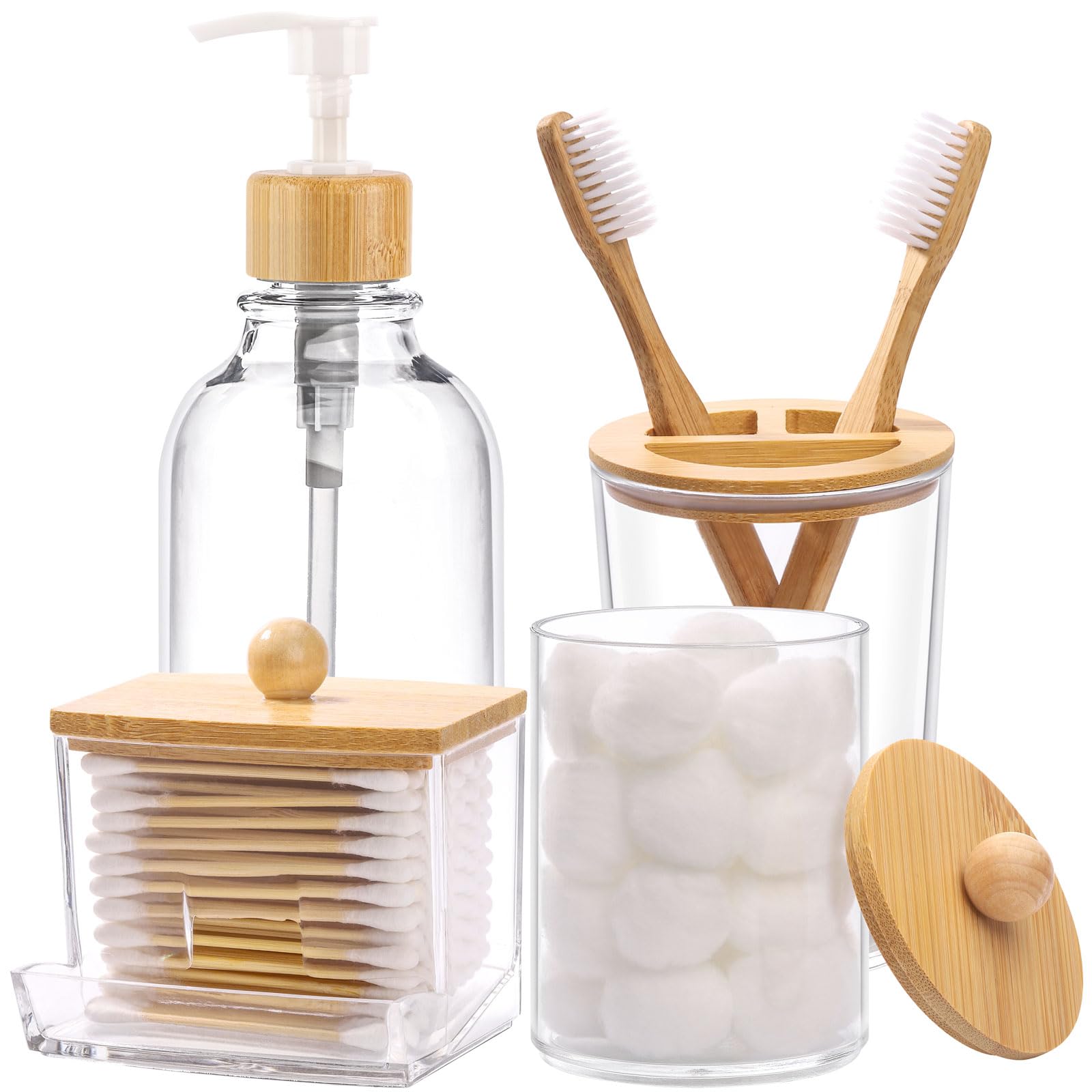 Tbestmax Bamboo Bathroom Accessories Set 4 Pcs - Clear Toothbrush Holder Plastic Soap Dispenser And 2 Qtip Holder Cotton Swab/Pa