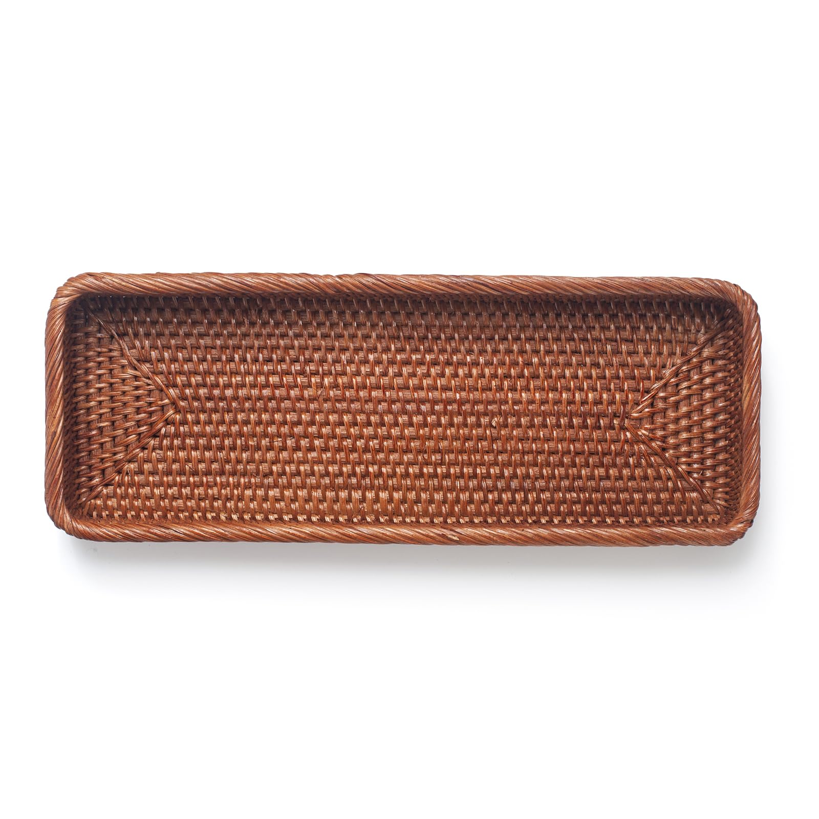 Rattan Bathroom Vanity Trays Toilet Tank Baskets Long Narrow Hand Towel Storage Basket For Storage, Decorative (Honey Brown 16.3