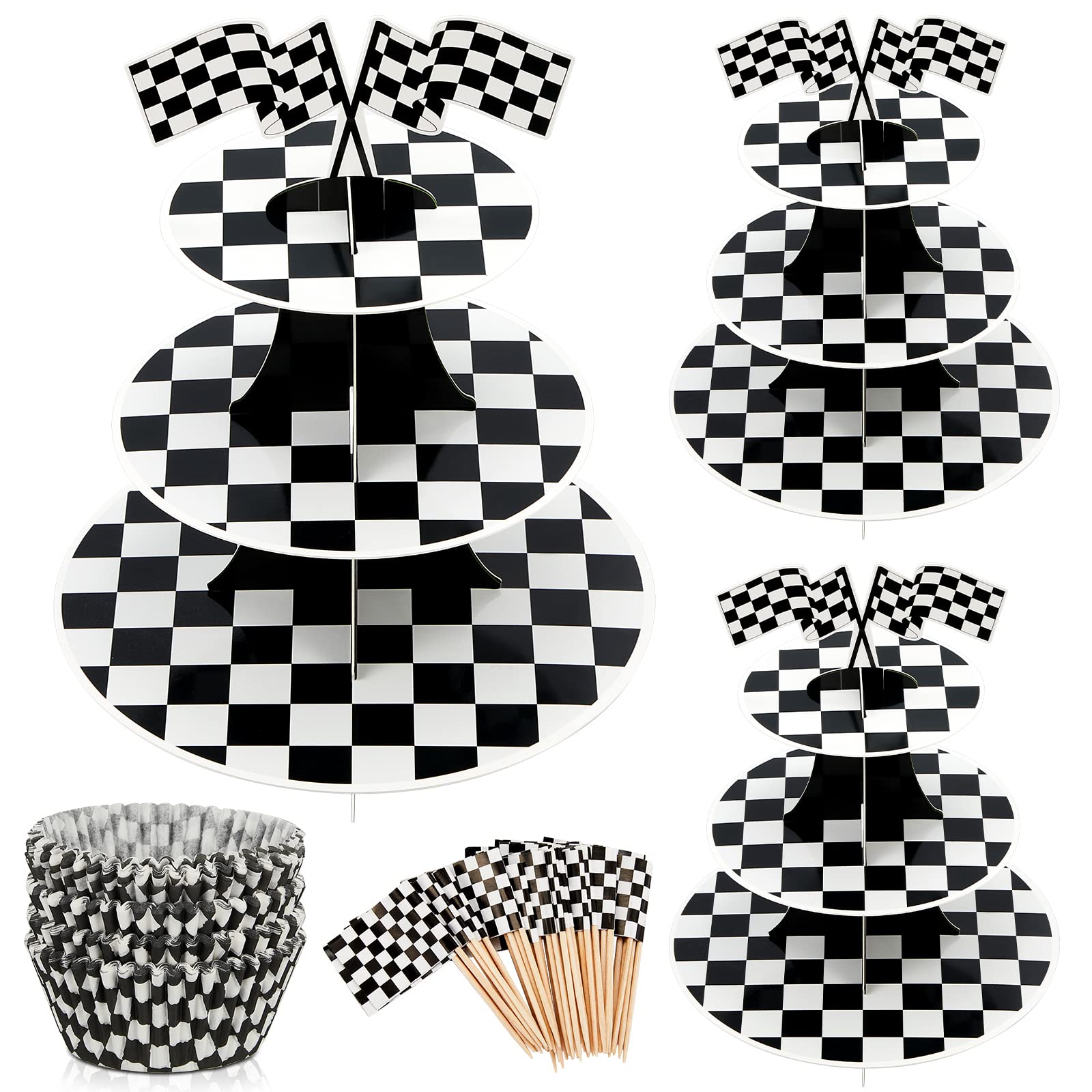 3 Sets Race Car Party Decorations 3 Tier Round Cardboard Cupcake Stand For Racing Cars Birthday Party Supplies 100 Checkered Bak