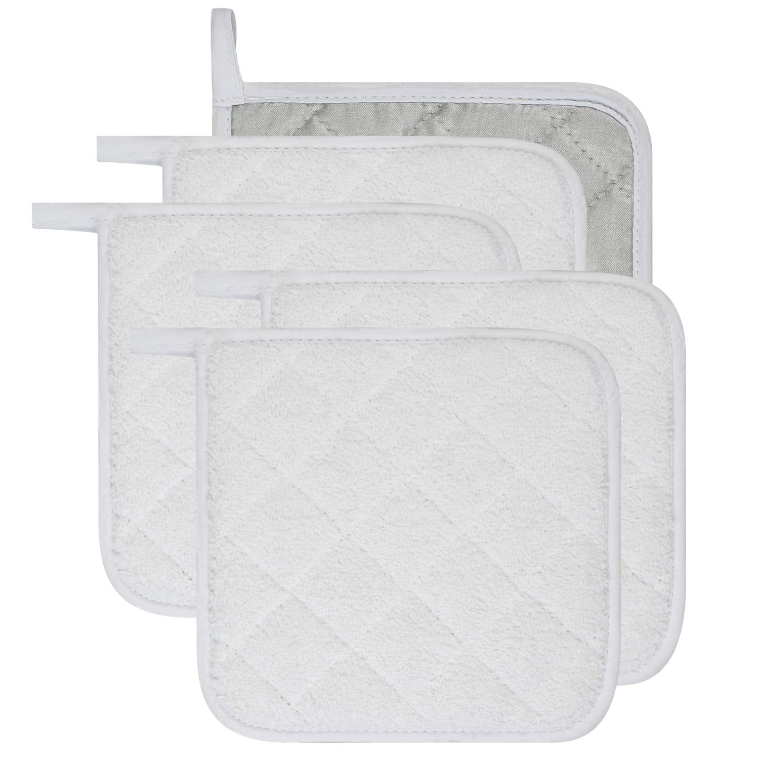 100% Cotton Kitchen Everyday Basic Terry Pot Holder Heat Resistant Coaster Potholder for Cooking and Baking Set of 5 White