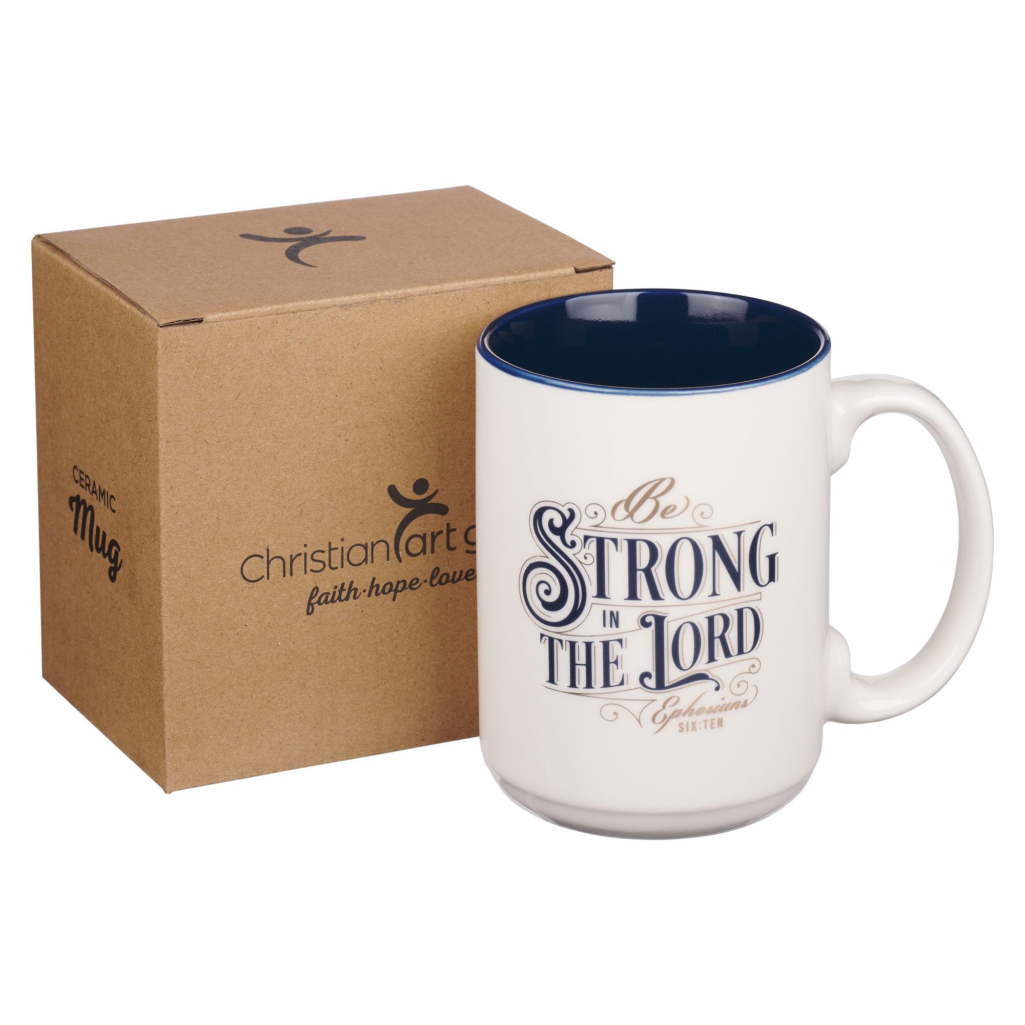 Christian Art Gifts Large Ceramic Coffee & Tea Mug for Men & Women: Strong in the Lord Bible Verse, White & Blue, 14 oz.