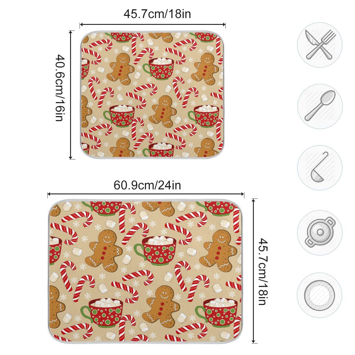 Christmas Gingerbread Man Candy Cane Dish Drying Mat For Kitchen Winter Snow Snowflake Snowman Xmas Microfiber Drying Mats Absor