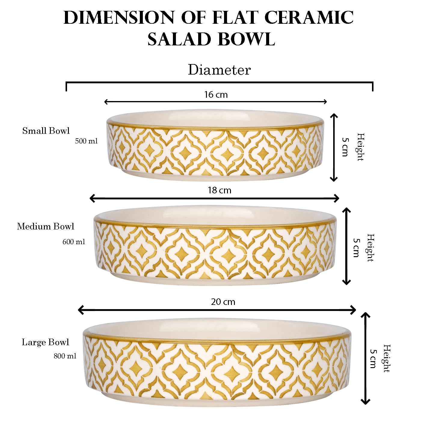 Separate Way Ceramic Flat Deep Serving Bowl Set Of 3, Mix Size - 800Ml, 600Ml, And 500Ml | Glossy Finish | Salad, Snack, Pasta P