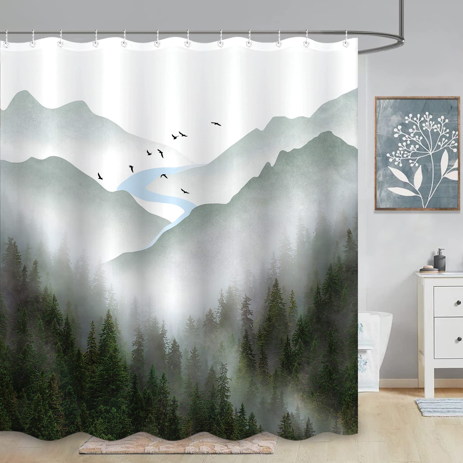 Zussun Green Misty Forest Shower Curtain Nature Foggy Tree Mountain Shower Curtains For Bathroom Waterproof Fabric Woodland Deco