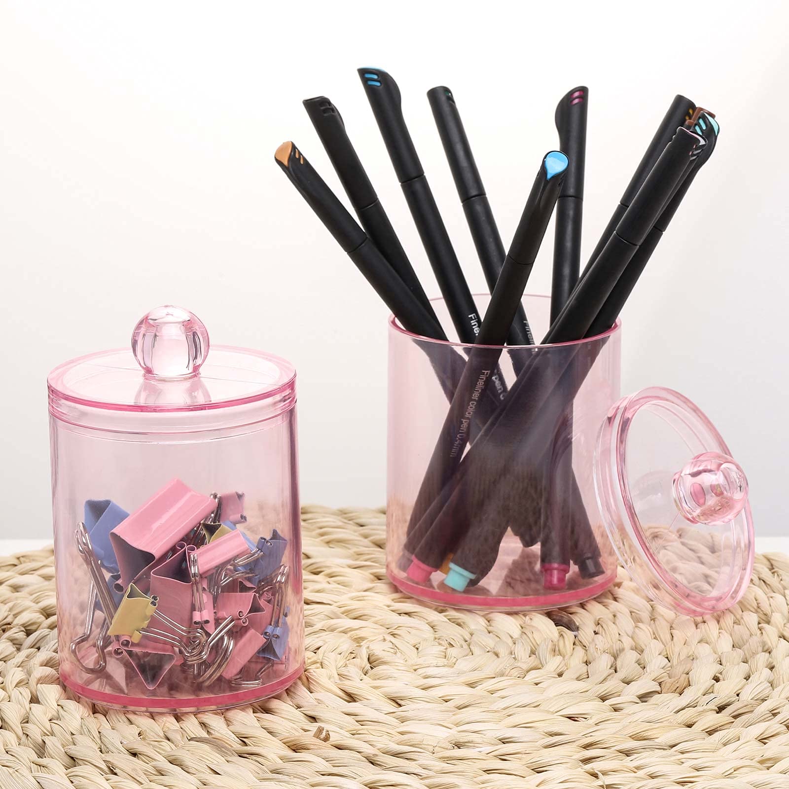 Tbestmax 3 Pack Cotton Swab Ball Pad Holder, 10 Oz Qtip Apothecary Jar Pink Makeup Organizer, Bathroom Containers Dispenser