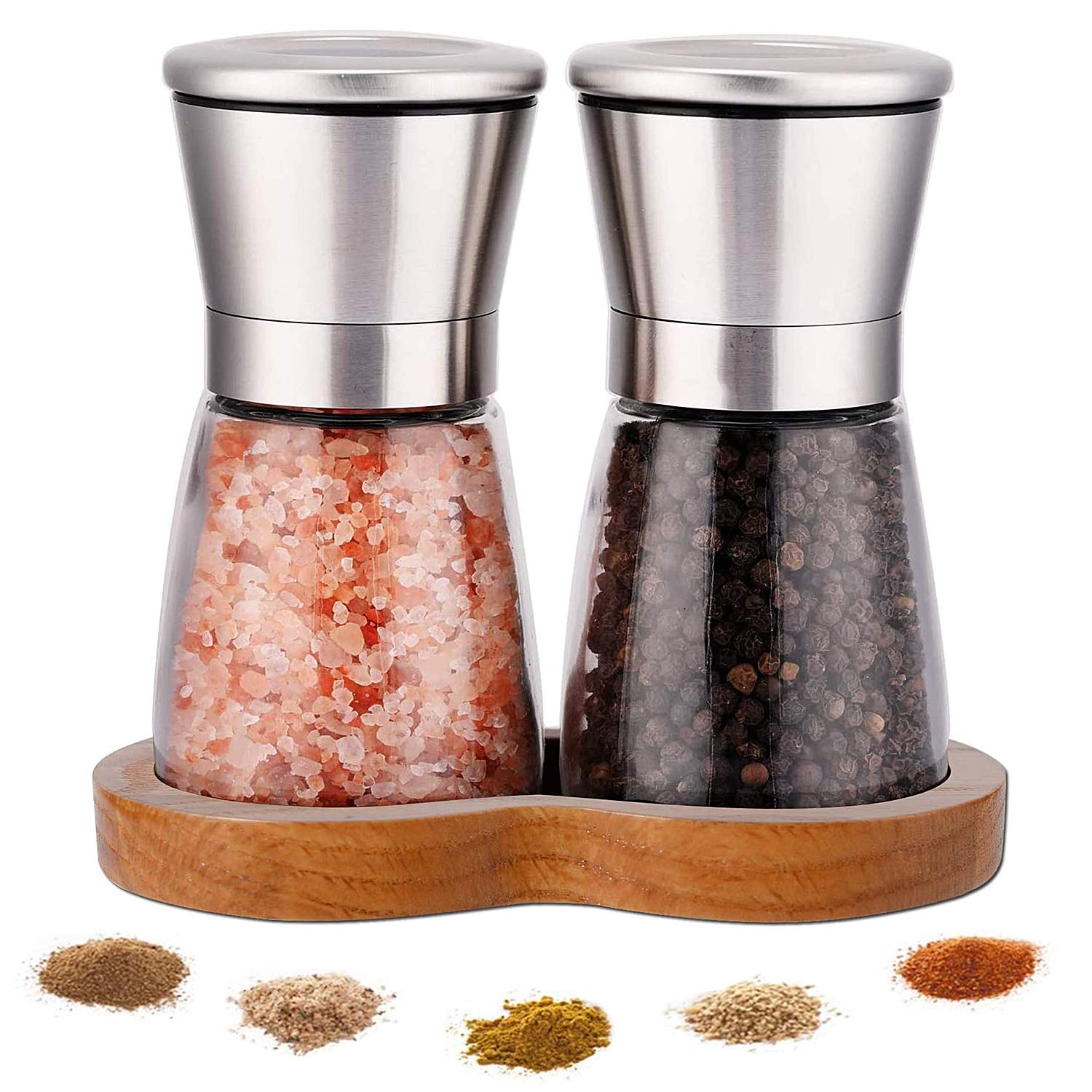 Lessmo Salt And Pepper Grinder Set With Wooden Standing Tray, Refillable Pepper Mill Set - Brushed Stainless Steel - Short Glass