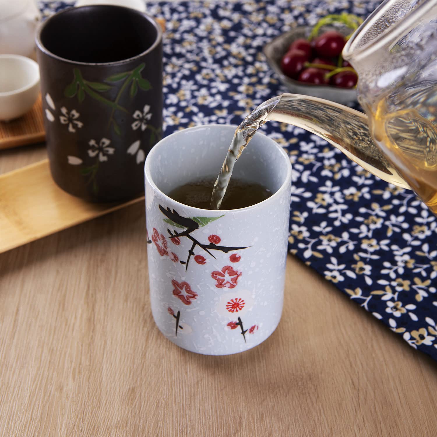 Whjy 10Oz Transitional Chinese/Japanese Style Handle-Less Ceramic Tea Cups Teacup, Flora Pattern Set Of 2