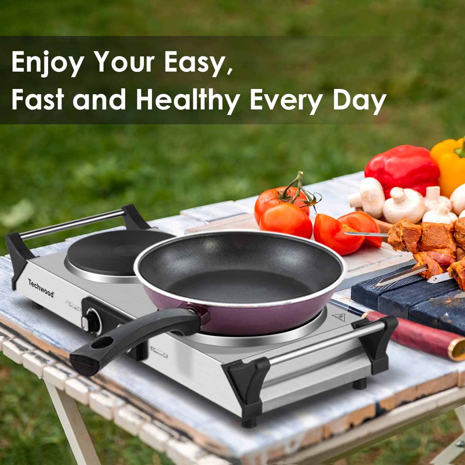 Hot Plate  Techwood Doubel Burner for Cooking  1800W Countertop Electric Stoves with Adjustable Temperature & Stay Cool Handles  Dual Cooktop for RV/Home/Camp  Upgraded Version Stainless Steel  Silver