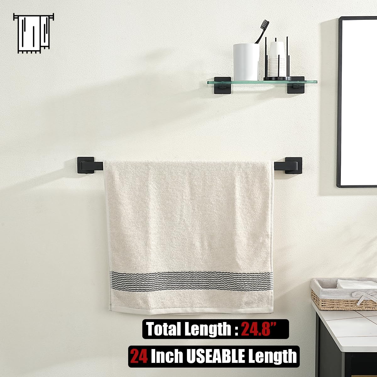 Jqk Black Bath Towel Bar, 27 Inch 304 Stainless Steel Thicken 0.8Mm Bath Towel Rack Bathroom, Bath Towel Holder Matte Black Wall