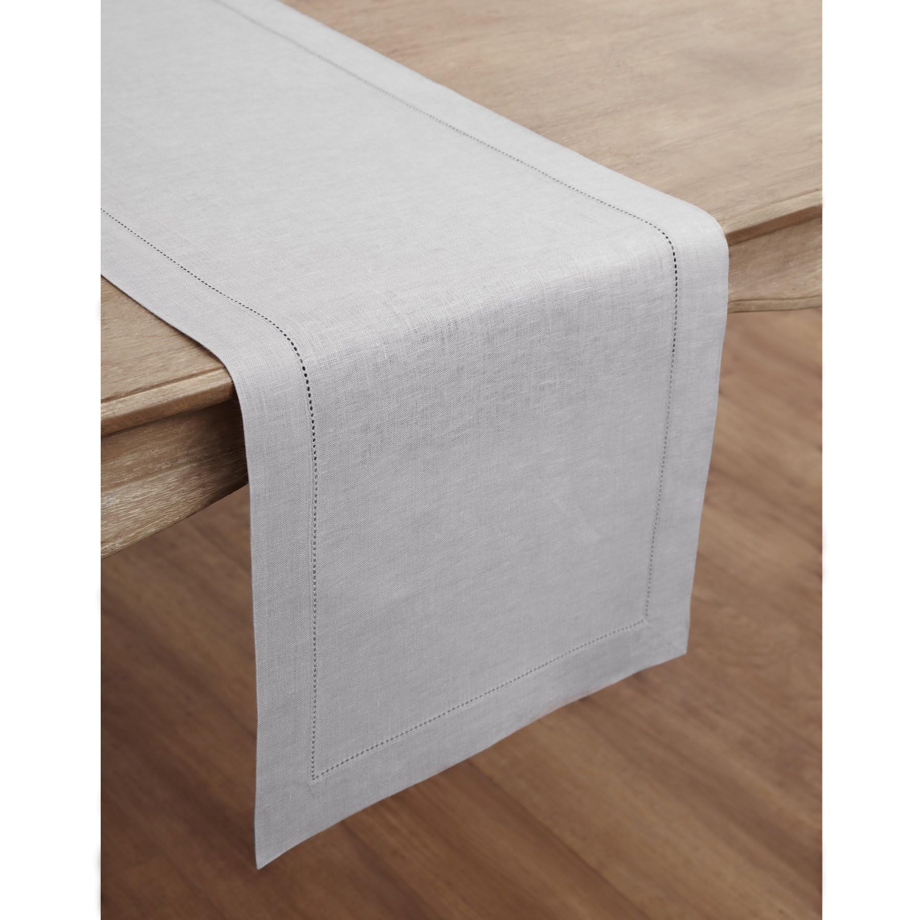 Solino Home Soft Grey Linen Table Runner 132 Inches Long - 100% Pure Linen Classic Hemstitch Table Runner 14 X 132 Inch - Machin