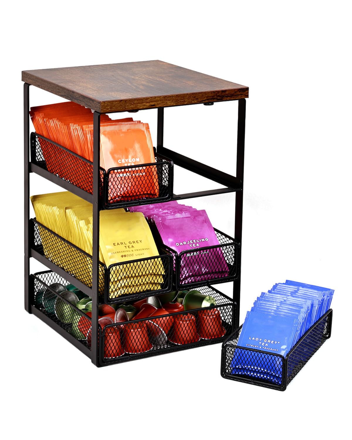Tea Bag Organizer with 5 Drawers, Wooden & Metal Tea Storage Organizer for TeaBags, Coffee Pods, Creamers & Sugar  Countertop T