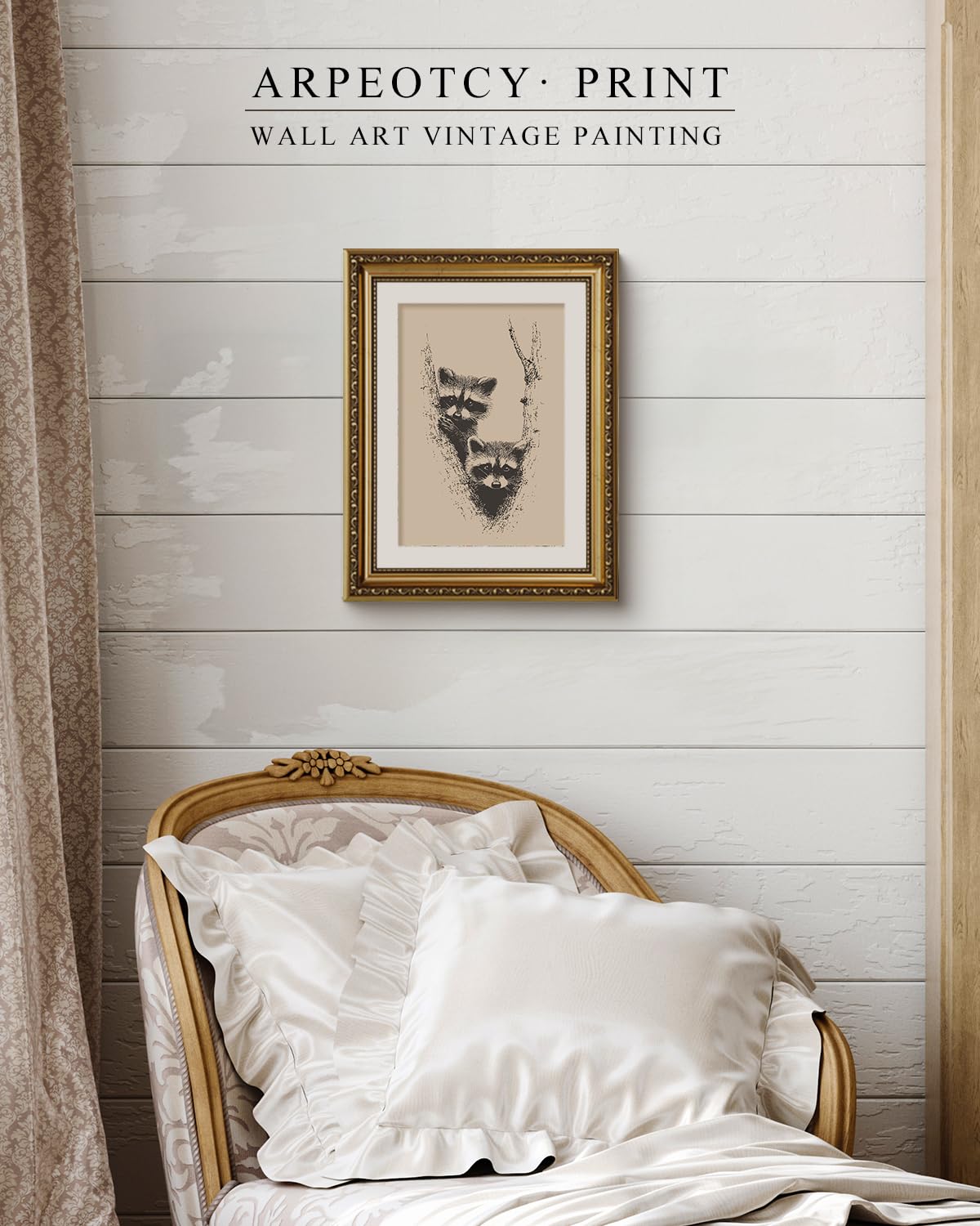 ARPEOTCY Vintage Gold Framed Wall Art for Living Room, 11x14 Inch Raccoon Canvas Print Home Decor, Sketch Animal Painting Pictur