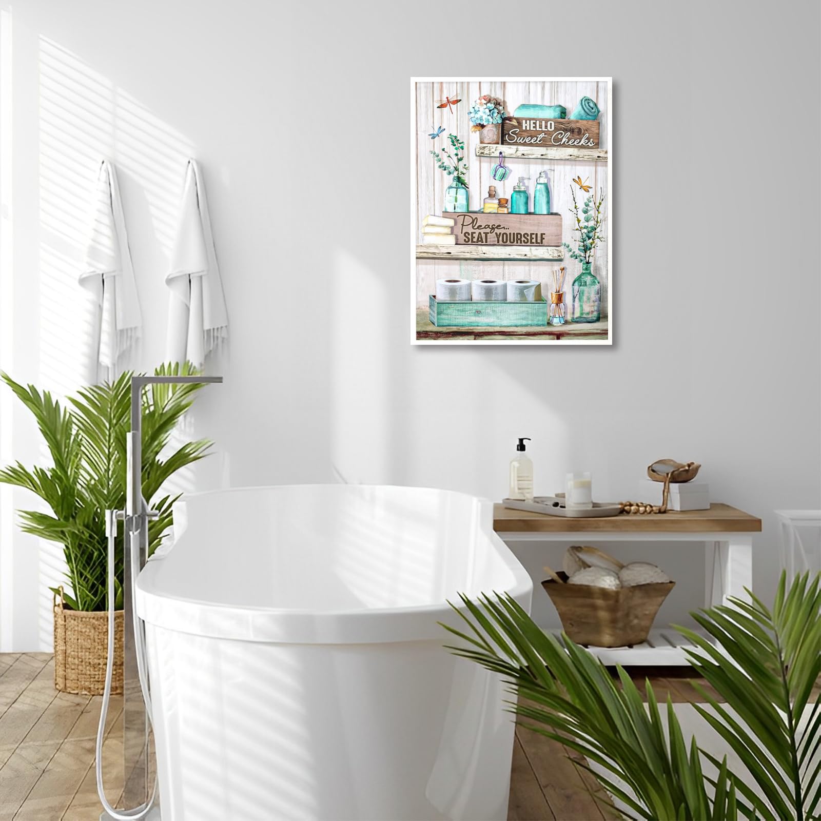 Dazzlewall Farmhouse Bathroom Wall Decor Poster Dragonfly Flower And Bottles, Rustic Wall Poster For Bathroom Toilet Decor 12X16