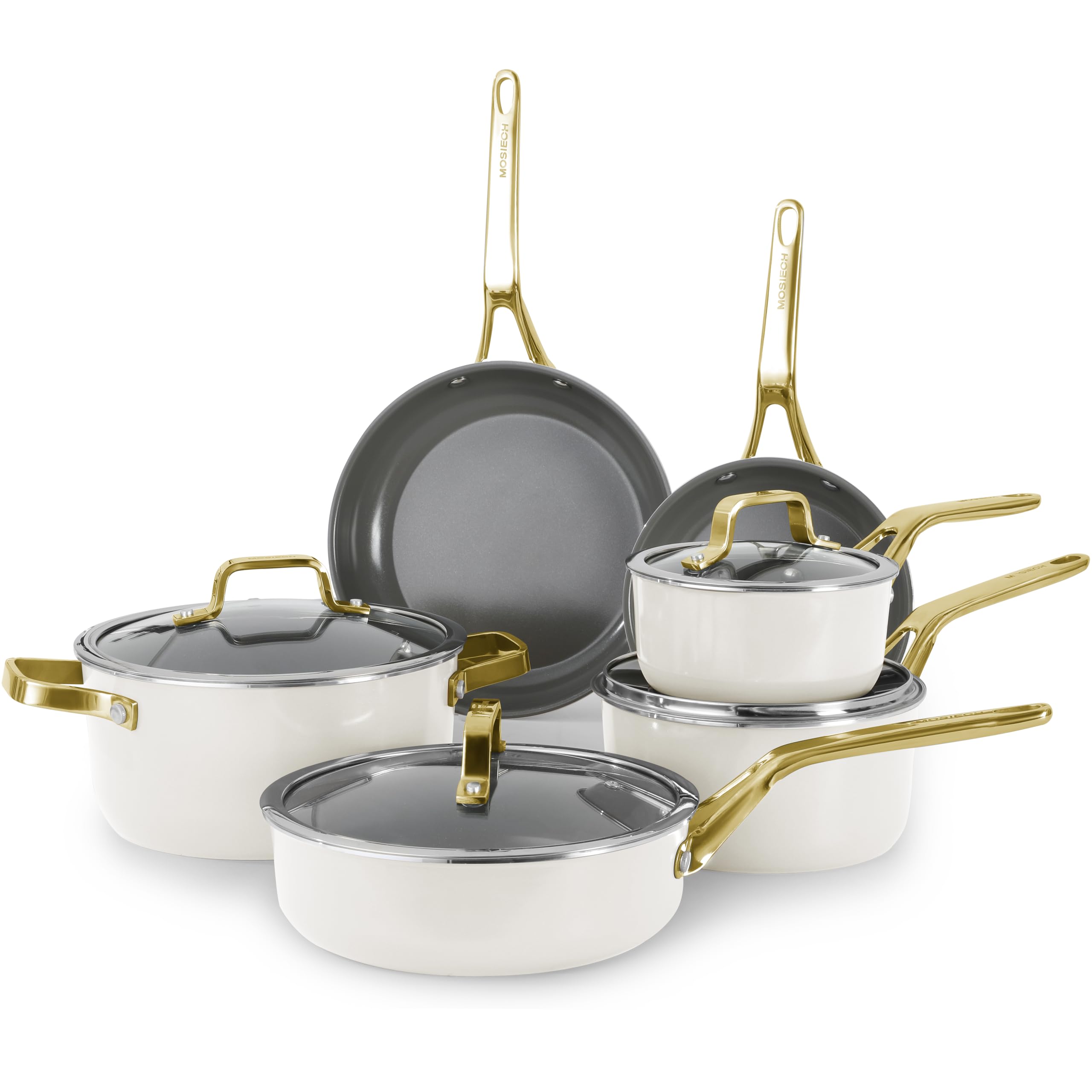 Mosiech White 10 Piece Ceramic Cookware Set | Pots Pans for Family Meals