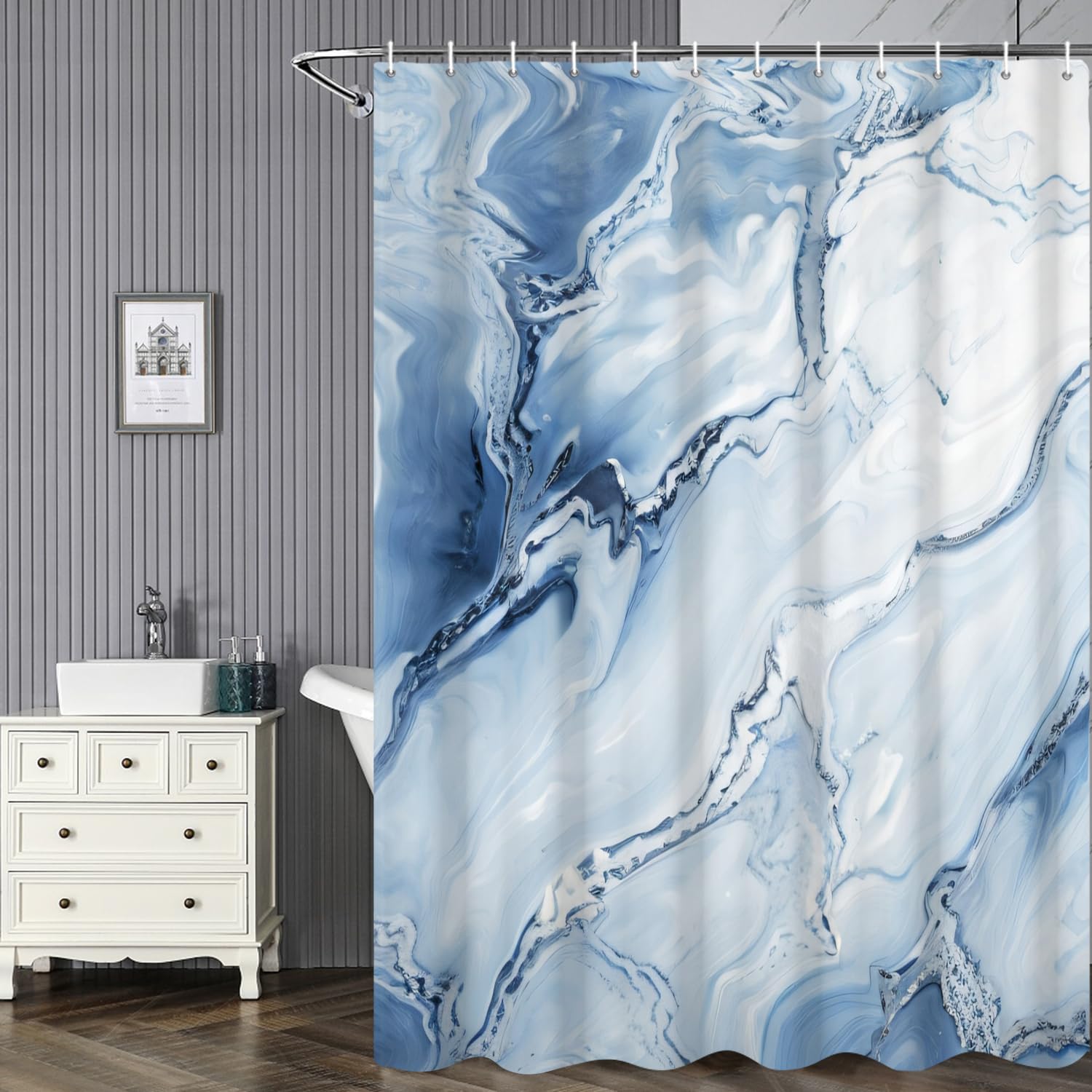 Ruelvth Blue Shower Curtain, Ombre Blue Marble Shower Curtain For Bathroom Modern Aesthetic Waterproof Fabric Shower Curtain Set