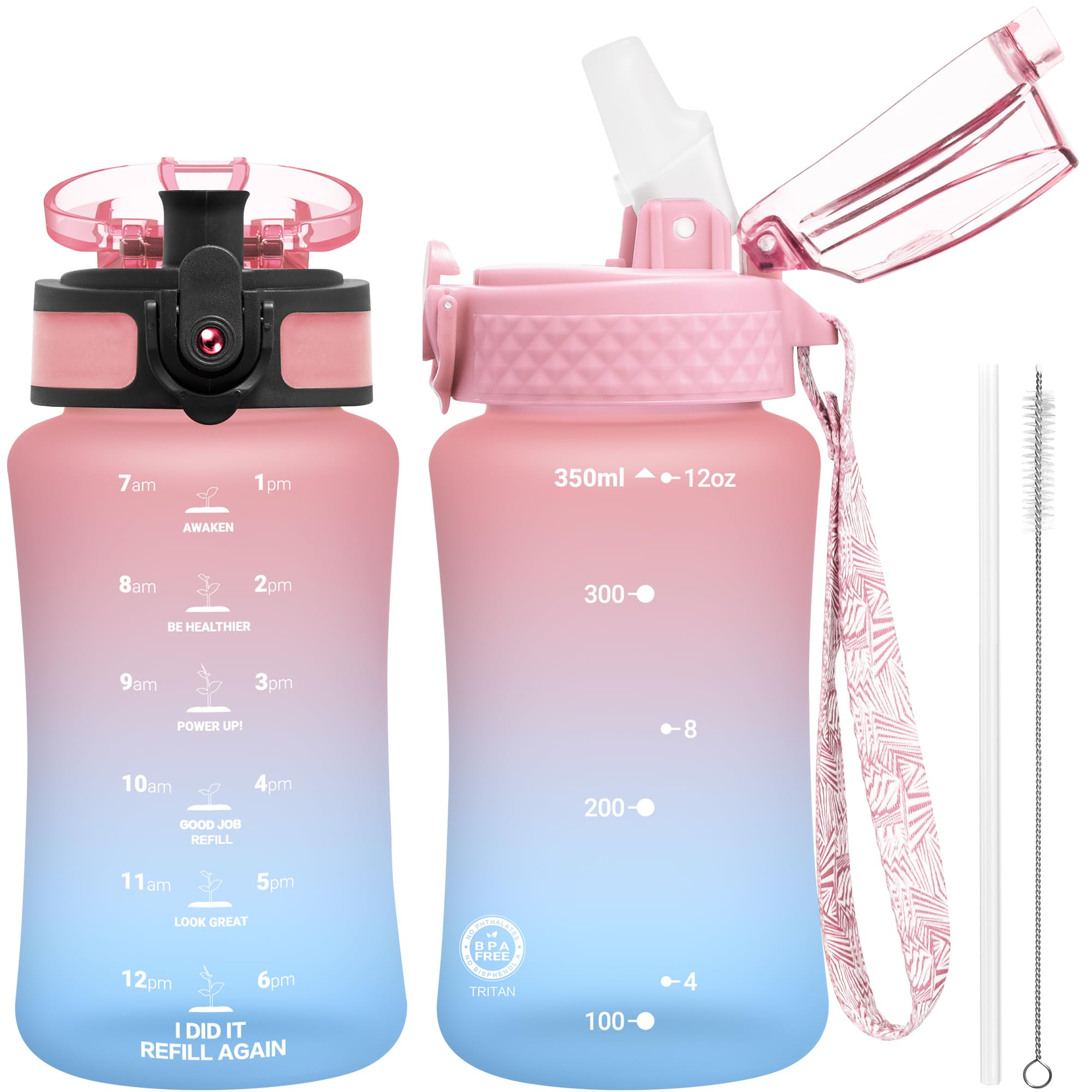 OLDLEY Kids Water Bottle for School  12 oz (2 lids) BPA-Free Reusable Leak-proof Durable Tritan Plastic Bottles with Straw & Chug Lids  Anti-dust Spout Cover (Pink-Blue)