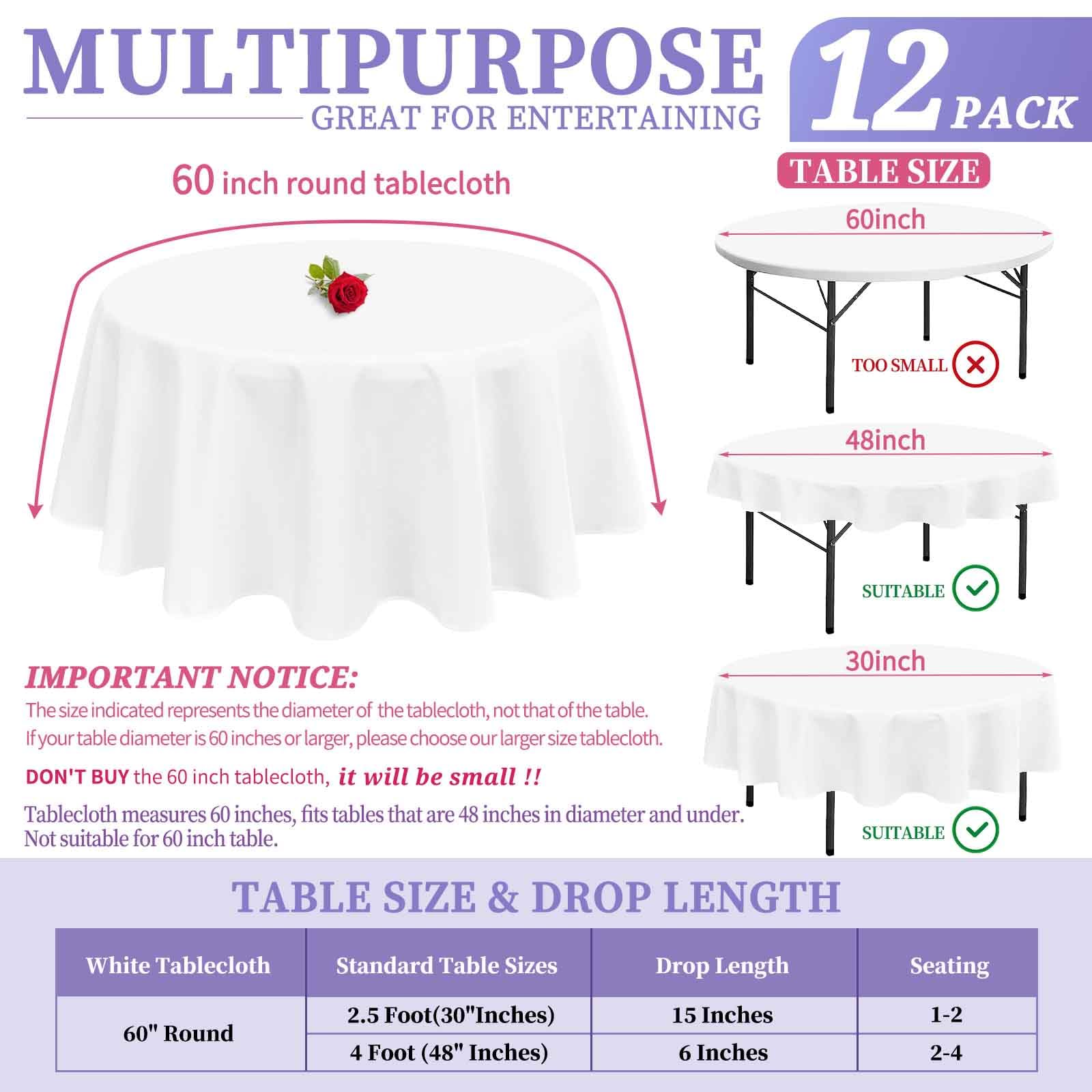 Showgeous 12 Pack Round Tablecloth 60 Inch Round White Table Cloths Polyester Tablecloths For Round Tables Washable Decorative F