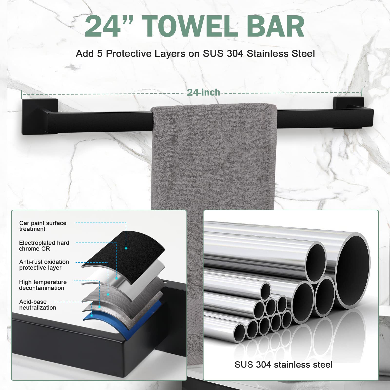 VELIMAX Premium Stainless Steel 4 Pieces Bathroom Hardware Accessories Set Wall Mounted Towel Bar Set  Matte Black  24-Inch