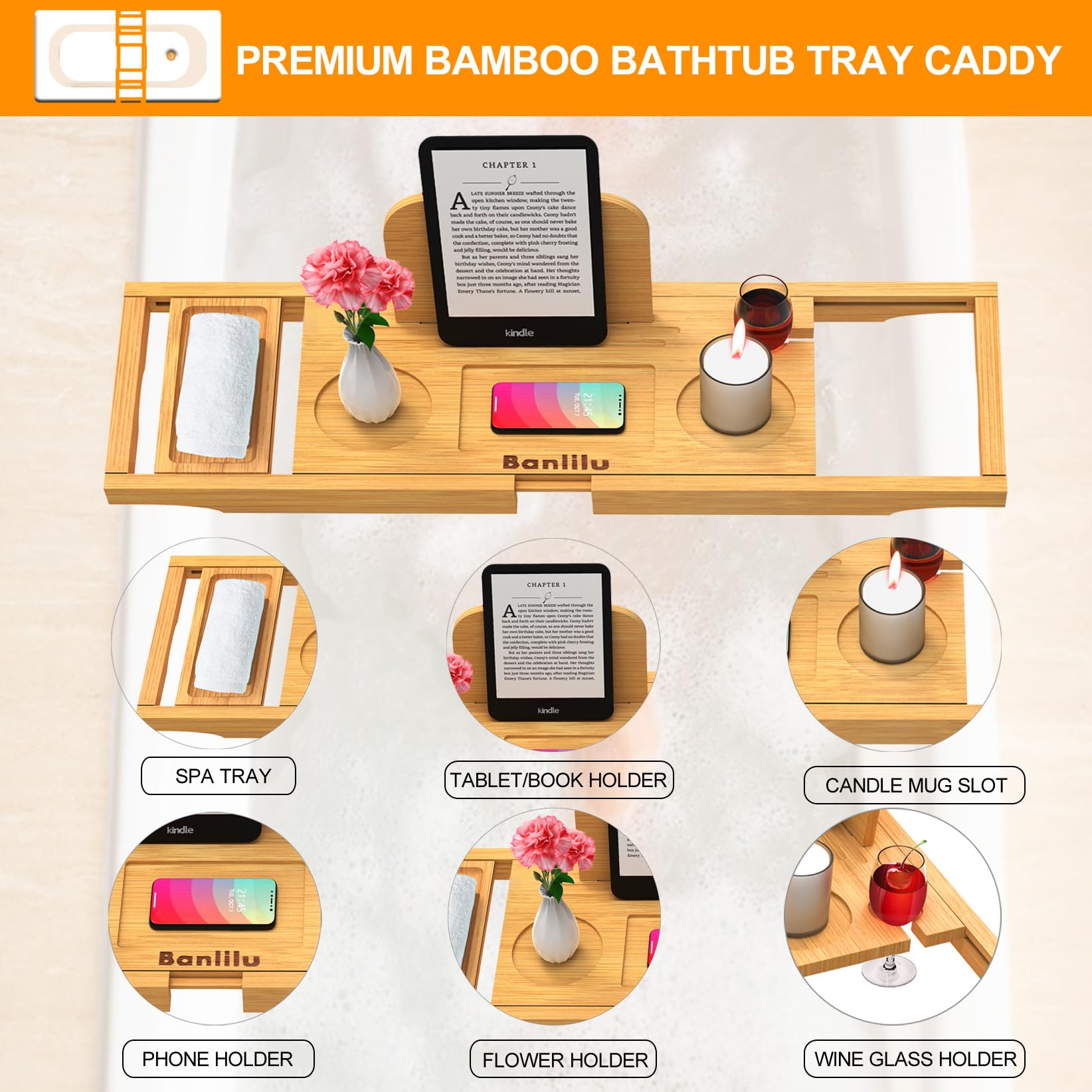 Luxury Bathtub Caddy Tray - Bath Tray Expandable - Bath Tub Tray Table For Bathtub - Bath Caddy Tray For Bathtub, Ajustable Size
