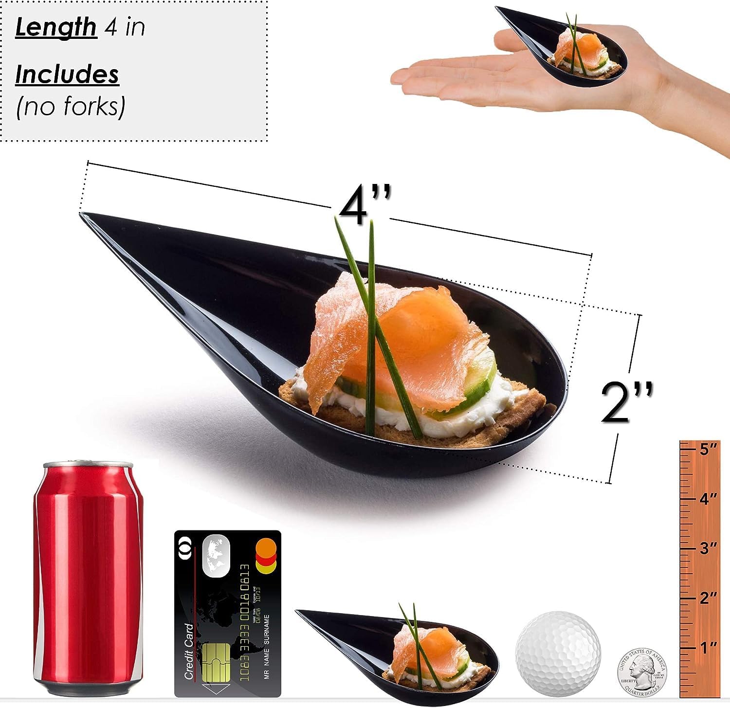 Dlux 100 4-In Tear Drop Mini Appetizer Plates, Reusable Black Plastic Spoons - Desserts And Appetizers Dishes Serving Plate - As