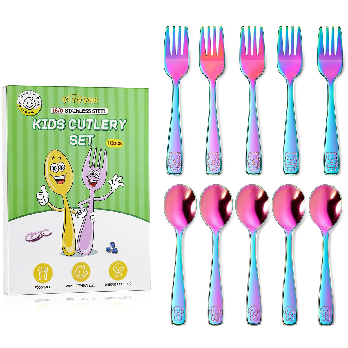 VITEVER 10 Pack Toddler Utensils, Stainless Steel Rainbow Silverware Set for Kids, Children Safe Cutlery Set Includes Forks and