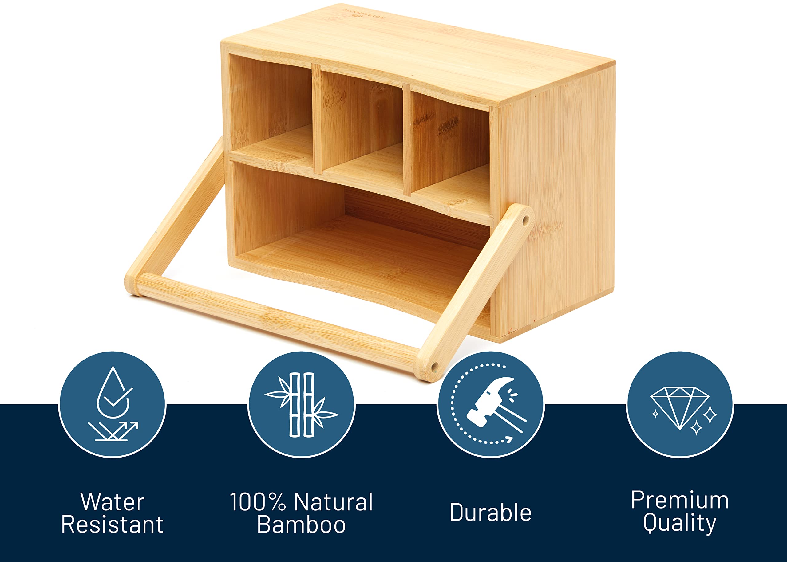 Royalhouse Natural Bamboo Utensil Holder And Organizer For Kitchen Countertop, Bamboo Picnic Basket With Folding Handle For Camp