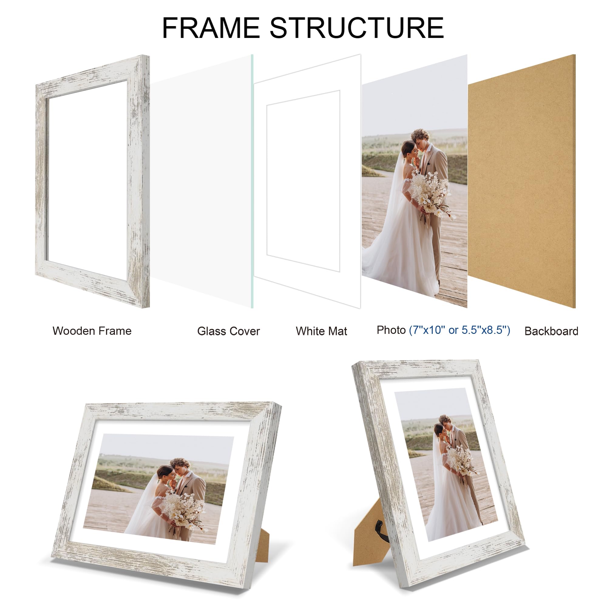 Hongkee 7x10 Picture Frame Set of 4, Made of Real Glass and Distressed White Frame - Display Picture 5.5x8.5 with Mat or 7x10 Wi