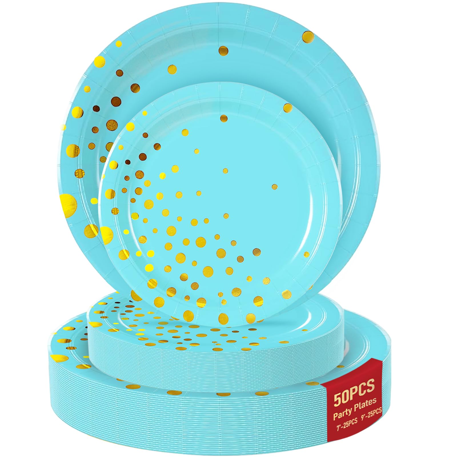 50 Blue Gold Paper Plates for Party Set Includes 25-9 & 25-7 Thickened Gold Dot Disposable Plates, Birthday Cake Dessert Plates 