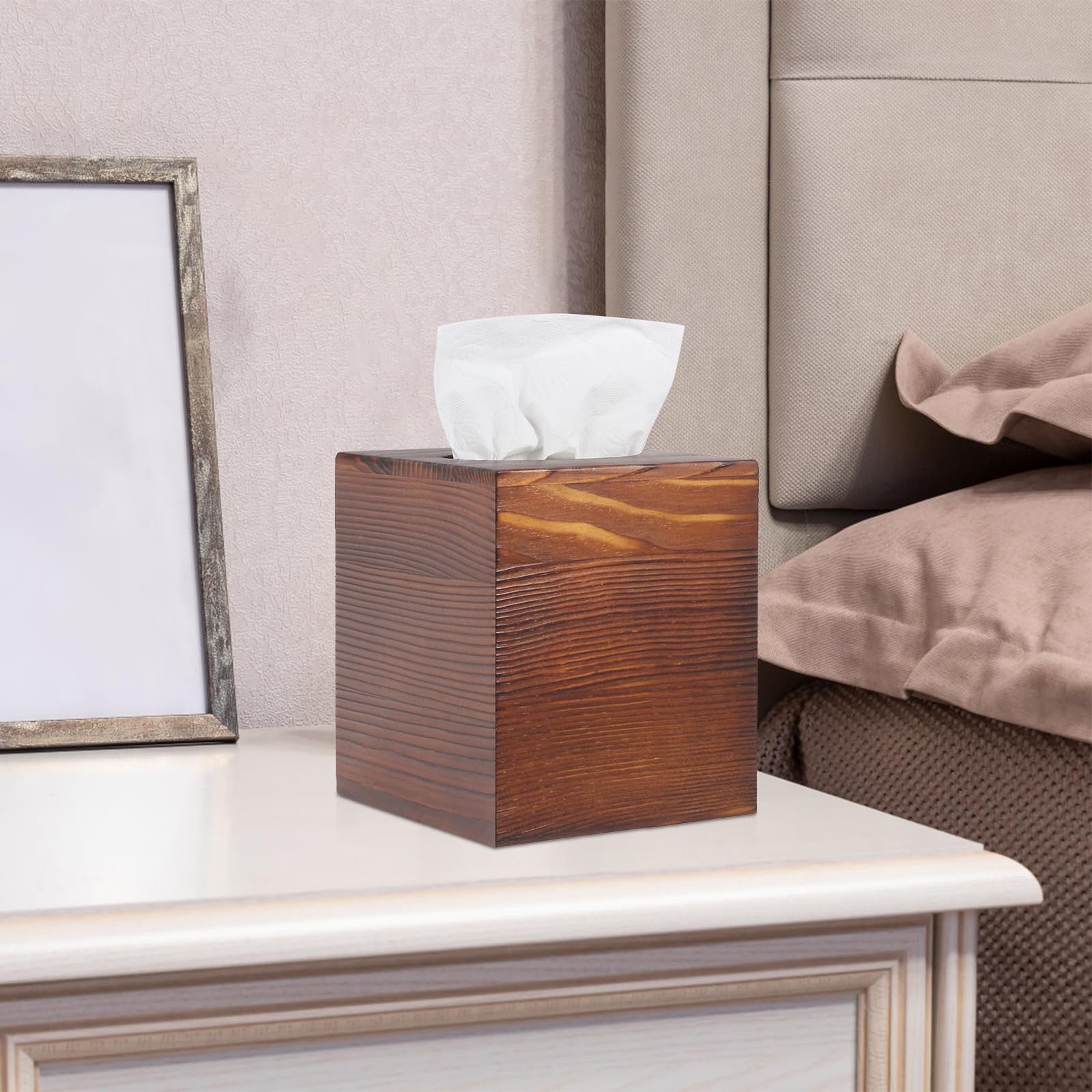 Reviaras Tissue Box Cover, Pine Tissue Box Cover With Slide-Out Bottom, Tissue Box Cover Square For Bathroom, Bedroom, Dinner Ta