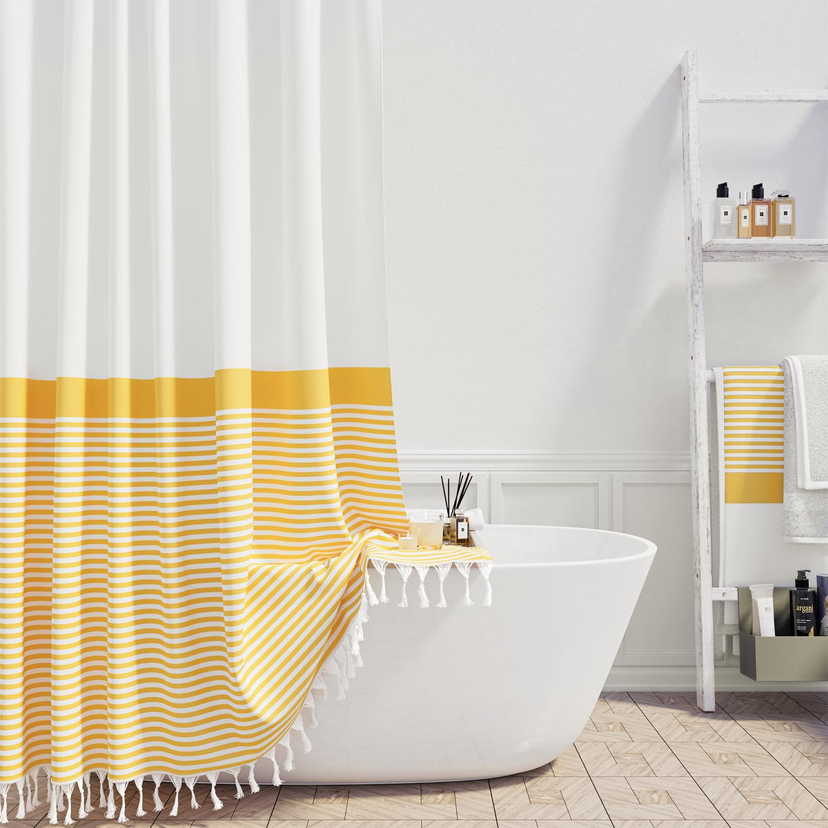 Dynamene Extra Long Fabric Shower Curtain, 84 Inch Long Farmhouse Yellow And White Striped Cloth Shower Curtain With Boho Tassel