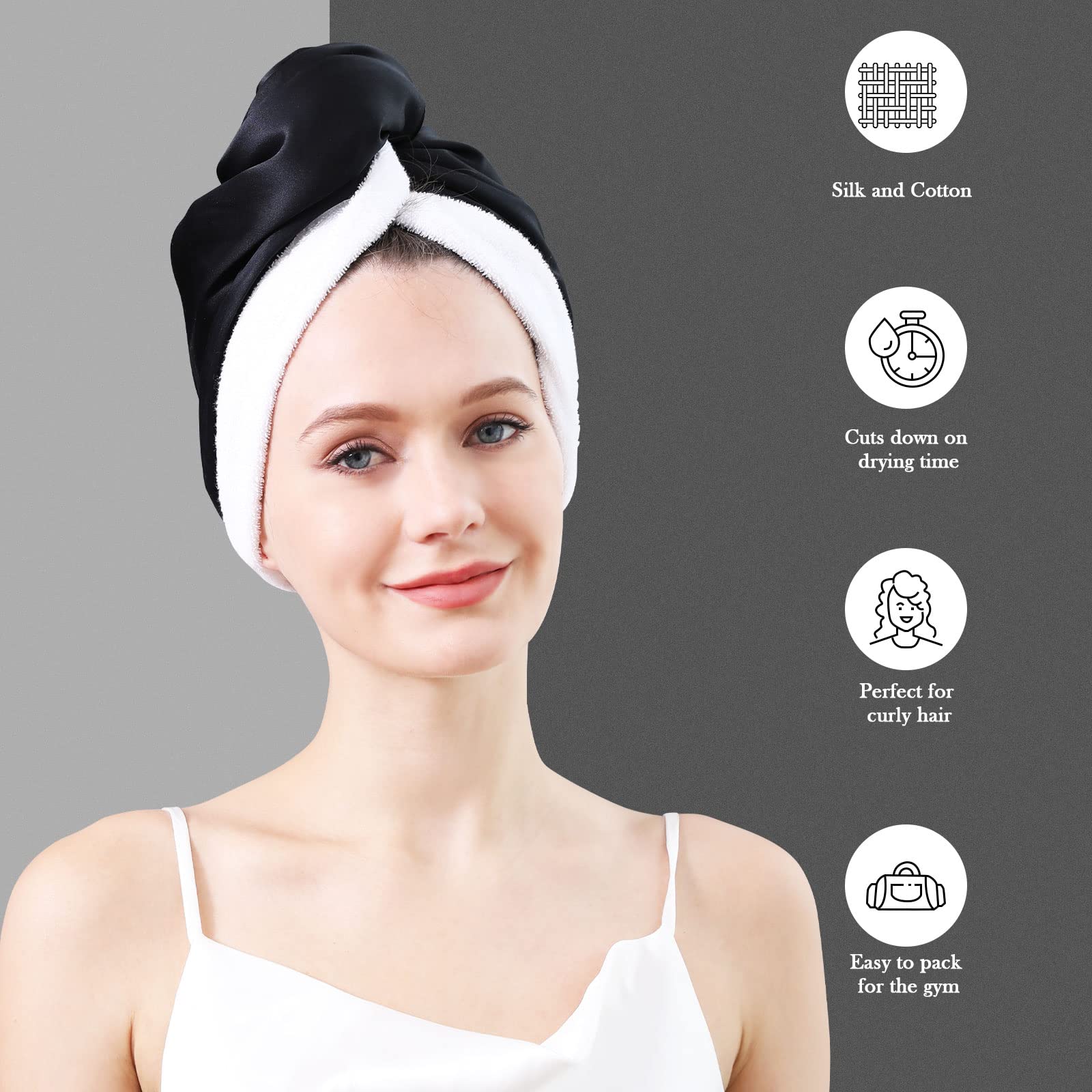DAISYSILK Drying Hair Twist Head Towels,Silk Hair Towel Wrapped Cotton Inner- Fast Dry Curly/Long Hair Wraps for Women Wet Hair