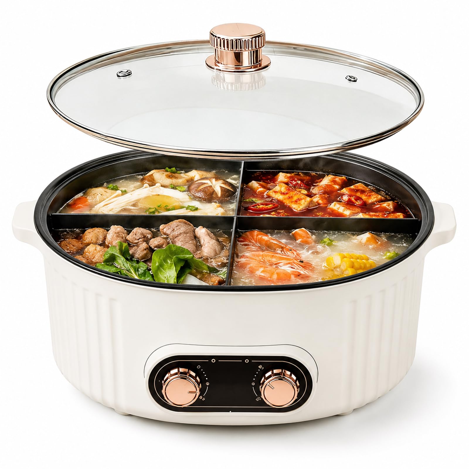 4Compartment Hot Pot, 6L Large Stew Pot with Divider, Dual Knob Independent Temperature Control, Shabu Shabu Pot Perfect for Fa