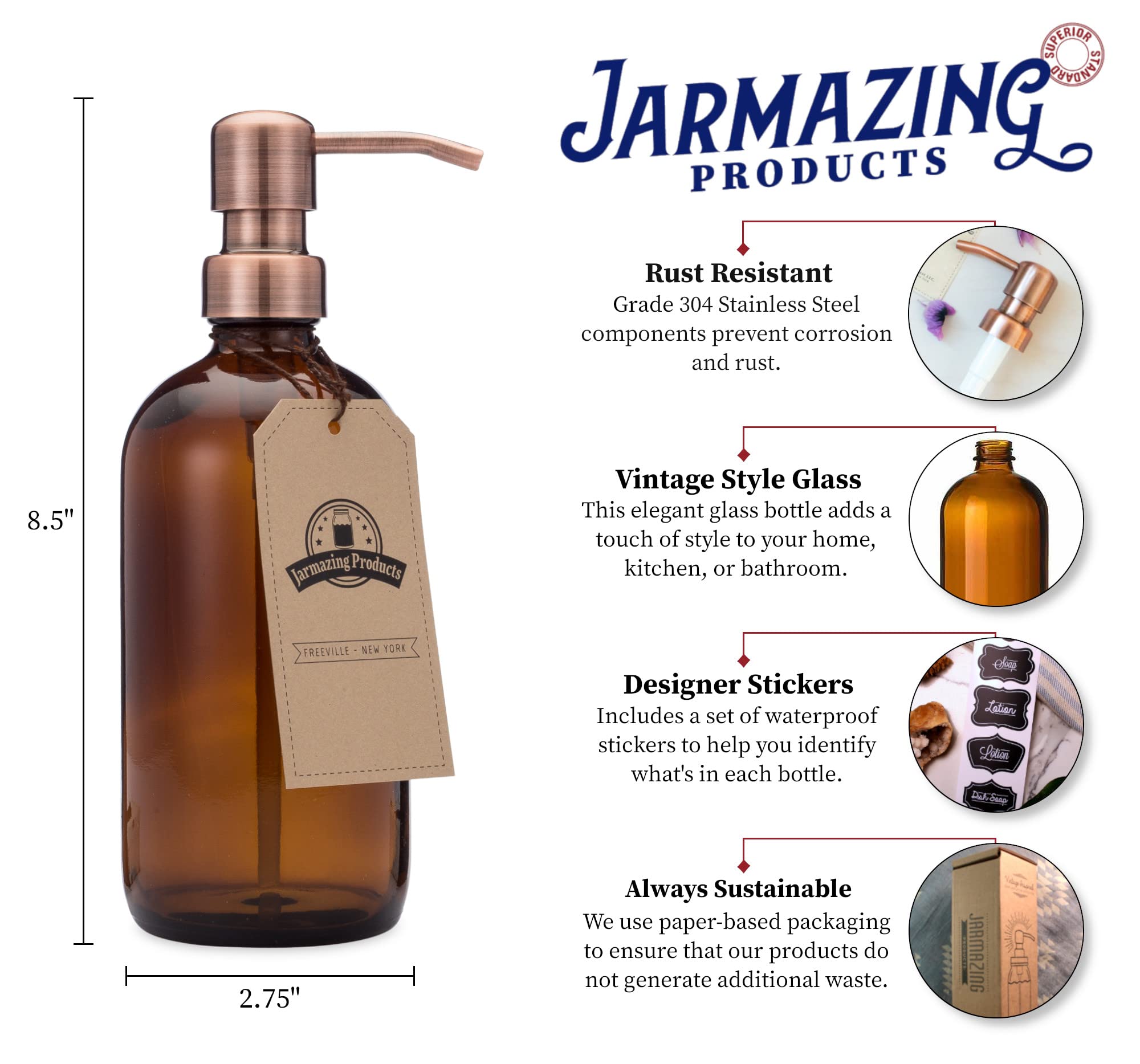 Amber Glass Bottle Soap And Lotion Dispenser With Copper Pump - Bird Head - 16 Oz - By Jarmazing Products