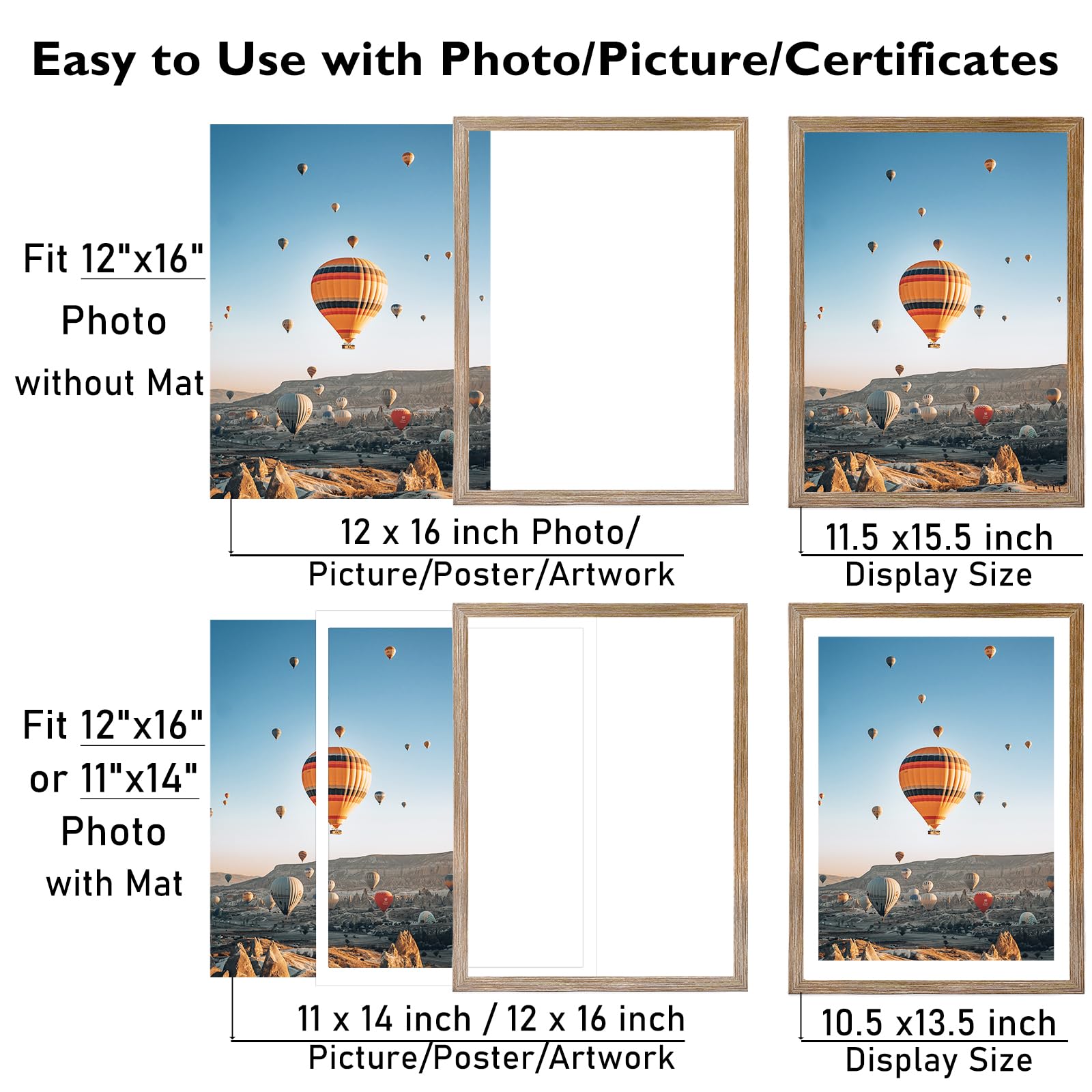JCJMY 12x16 Picture Frame Rustic Brown with 11x14 Mat, Display Photo 11x14 with Mat or 12 x 16 Without Mat, Wall Hanging Large F
