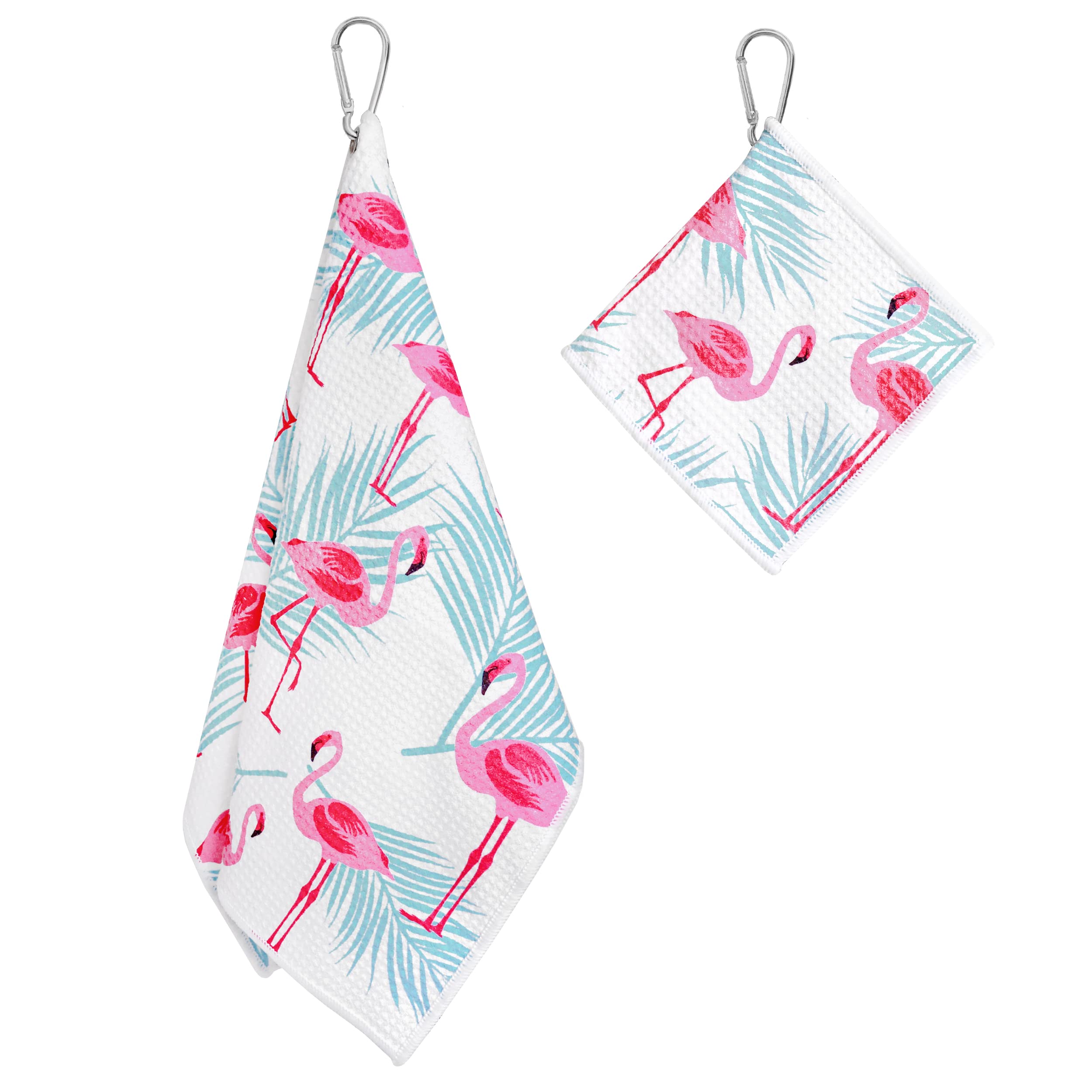 Flamingo Tropics Golf Towel with Clip for Women and Men  Microfiber Waffle and Ball Towels  Set of 2